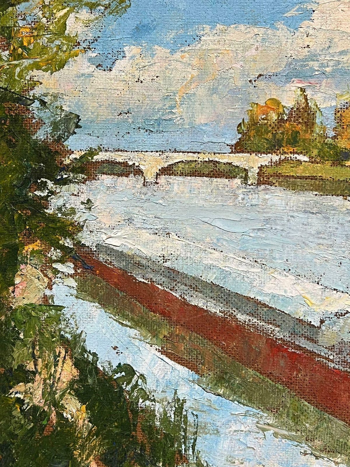 French Schoolmid 20th Century French Modernist Signed Oil River Scene With Red House Boat photo Art