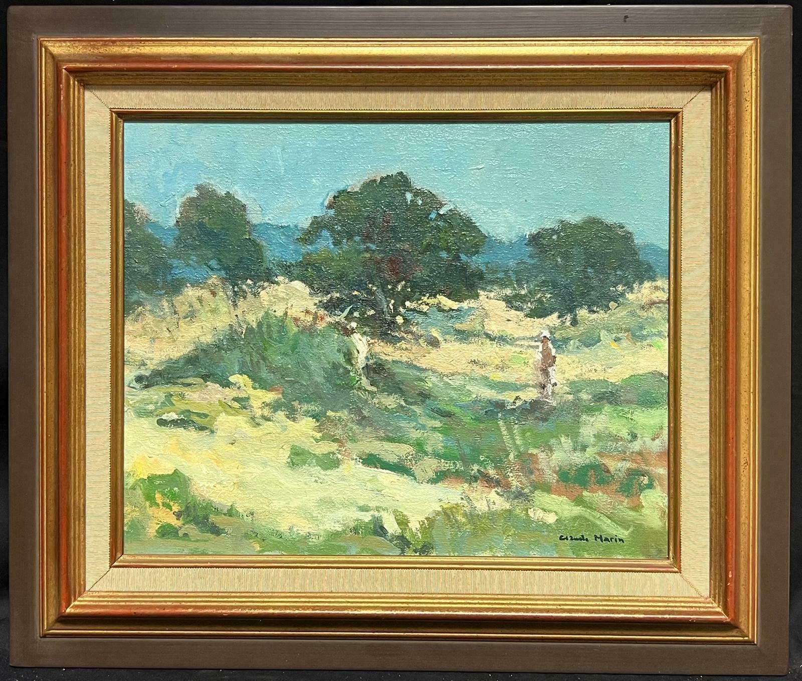 Claude Marinbright Green Impressionist Landscape With Figure In Dunes Mid 20th Century