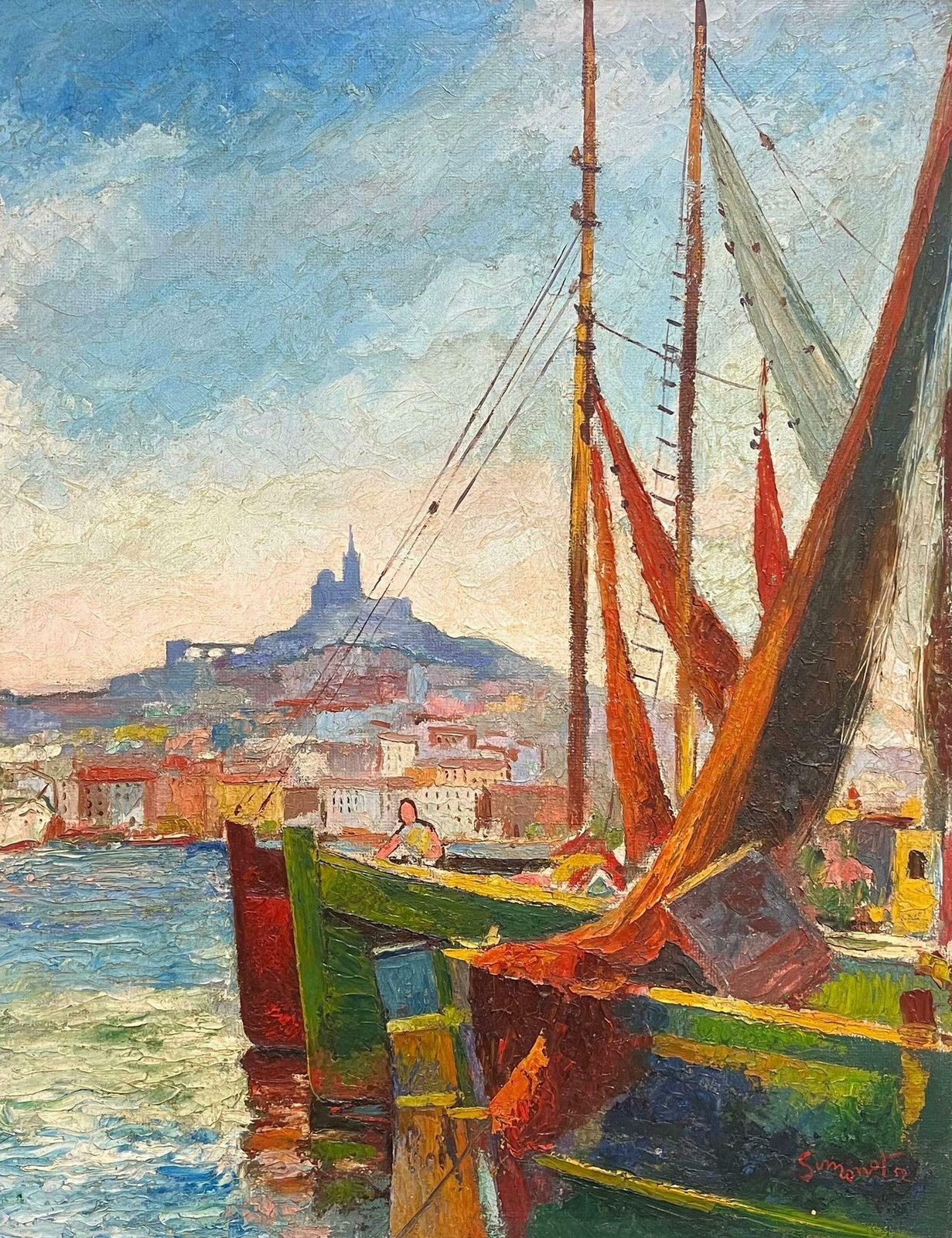 French Schoolmid Century French Oil Painting Marseille Sunny Harbour With Fishing Boats photo furniture