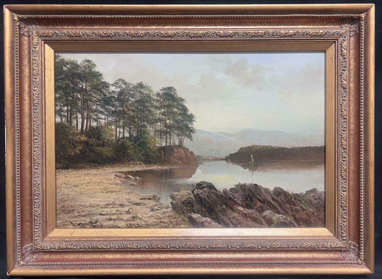 Arthur Grahamantique English Signed Oil Painting 1902 Tranquil Derwentwater Lake District19th Century photo furniture