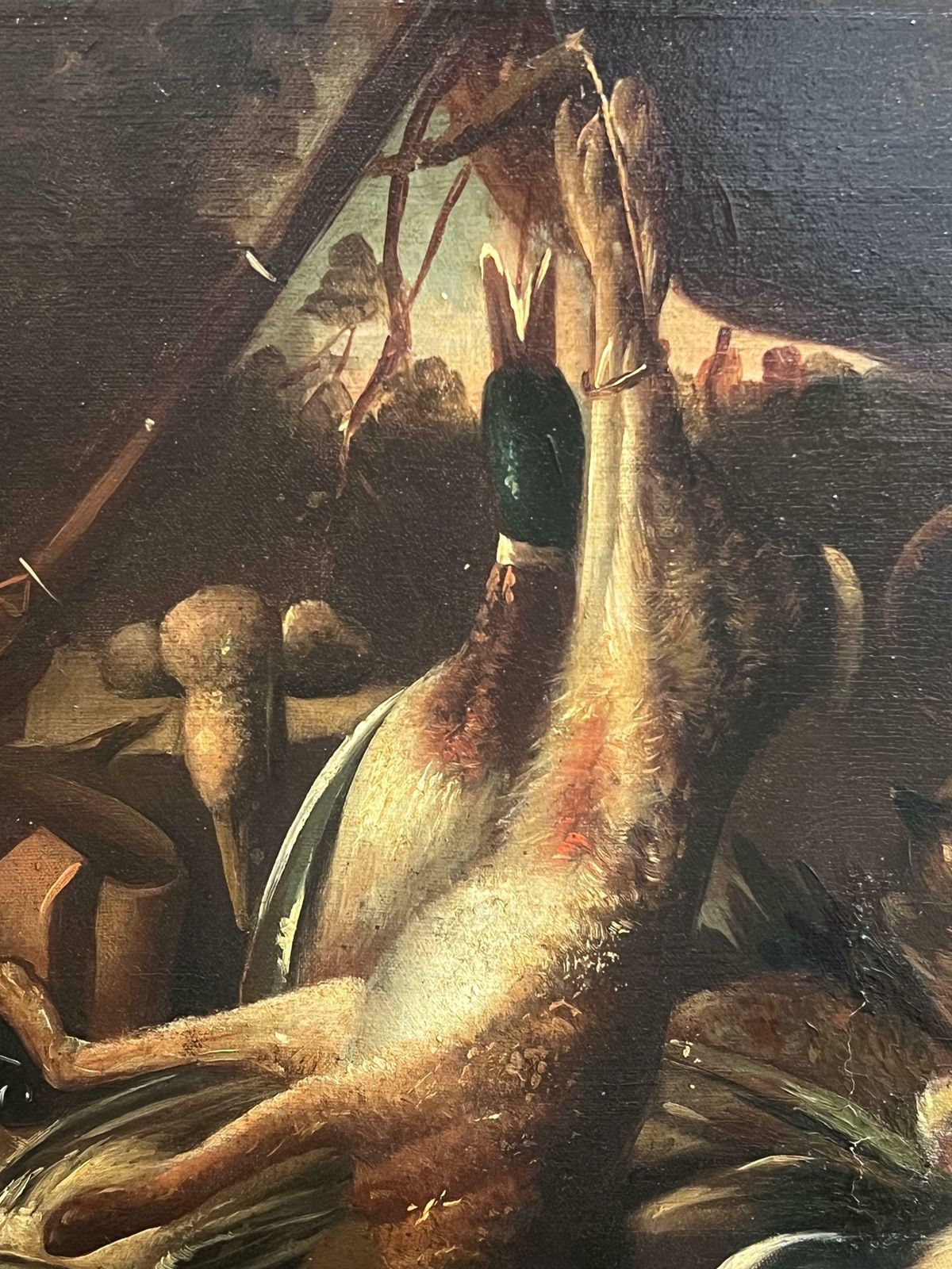 Italian 19th Centurylarge Antique Oil Still Life With Hunting Dogs & Game Classic Sporting Scene19th Century photo for sale