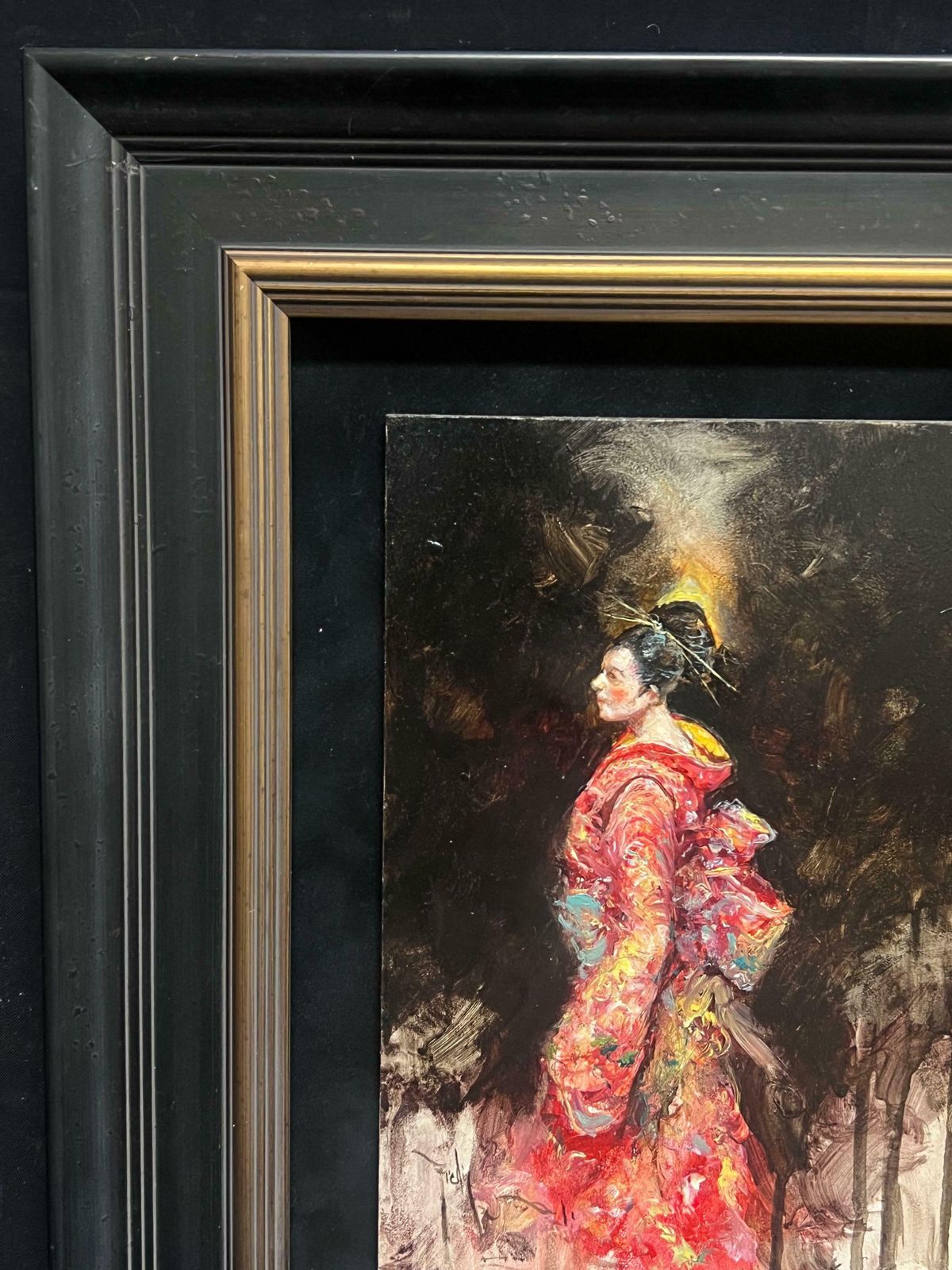 European Schoolradiant In Red Geisha Girl Vibrant Kimono Contemporary Impressionist Portrait photo 865.0