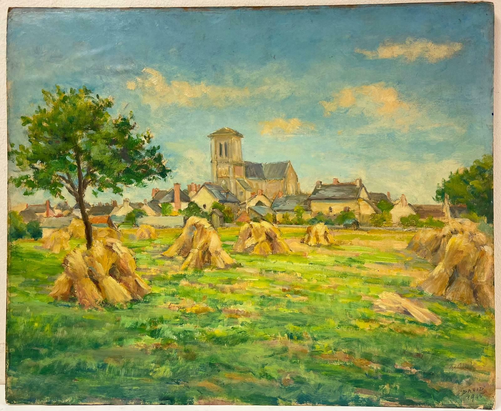 Regine David1940's French Impressionist Signed Oil Wheatsheaves In Village Harvest Field1945 photo furniture