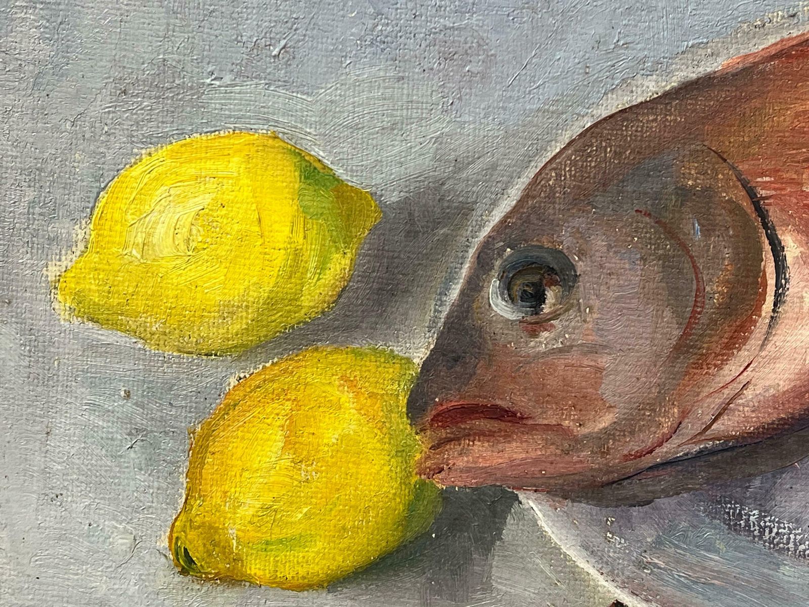Regine Davidmid 20th Century 1950s French Oil Still Life Pink Fish & Lemons On Plate1950's photo Art