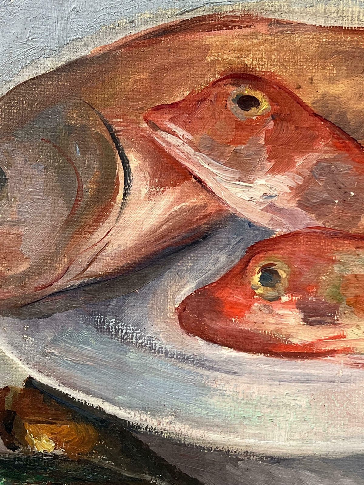 Regine Davidmid 20th Century 1950s French Oil Still Life Pink Fish & Lemons On Plate1950's photo 1100.0