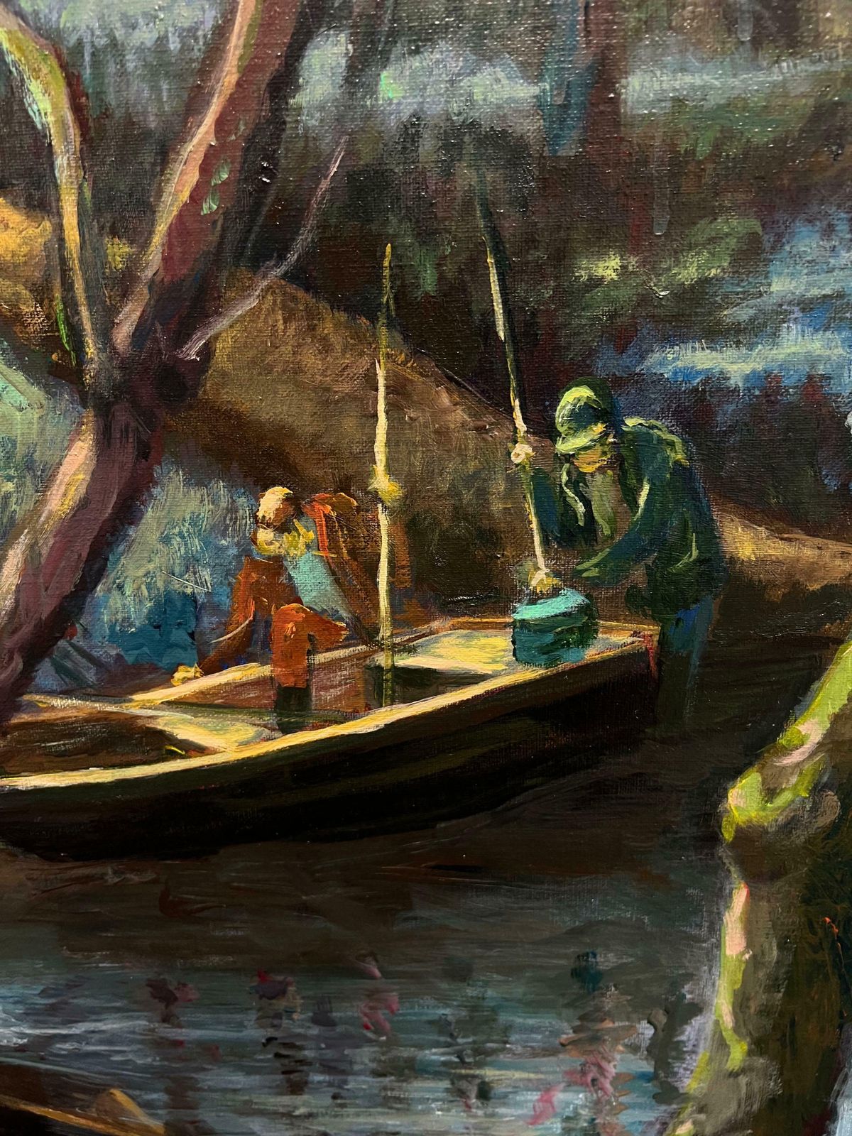 Guy Nicod (French 1923   2021) Fishermen In A Forested River Atmospheric French Oil Painting Woodland Scene20th Century photo 1295.0