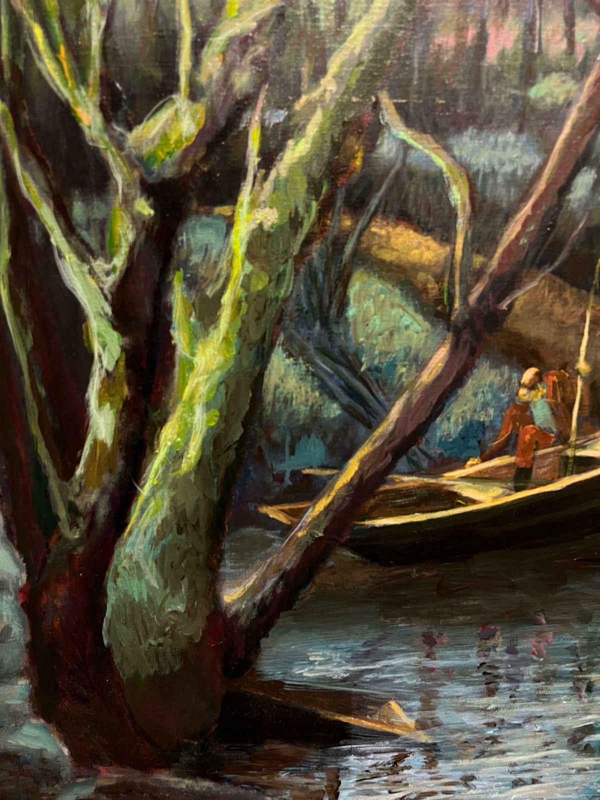 Guy Nicod (French 1923   2021) Fishermen In A Forested River Atmospheric French Oil Painting Woodland Scene20th Century photo vintage