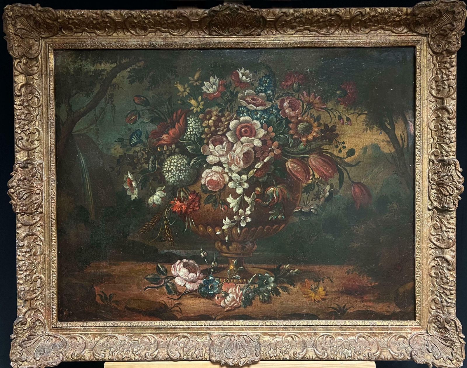 French School18th Century Baroque Oil Still Life Flowers Floral Arrangement In An Ornate Urn18th Century