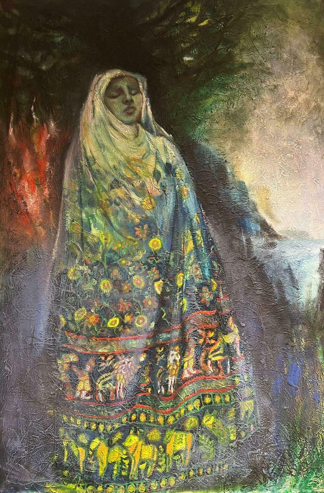French Schoolhuge Portrait Veiled Female In Dreamlike Fusion Of Spirituality And Nature1970's photo Art