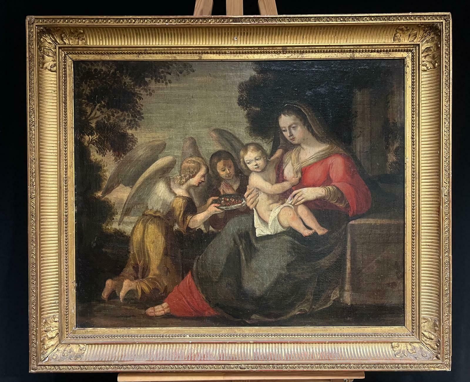 17th Century Italian School17th Century Painting Baroque Madonna & Child Attendant Angels Offering Gifts 17th Century photo for sale