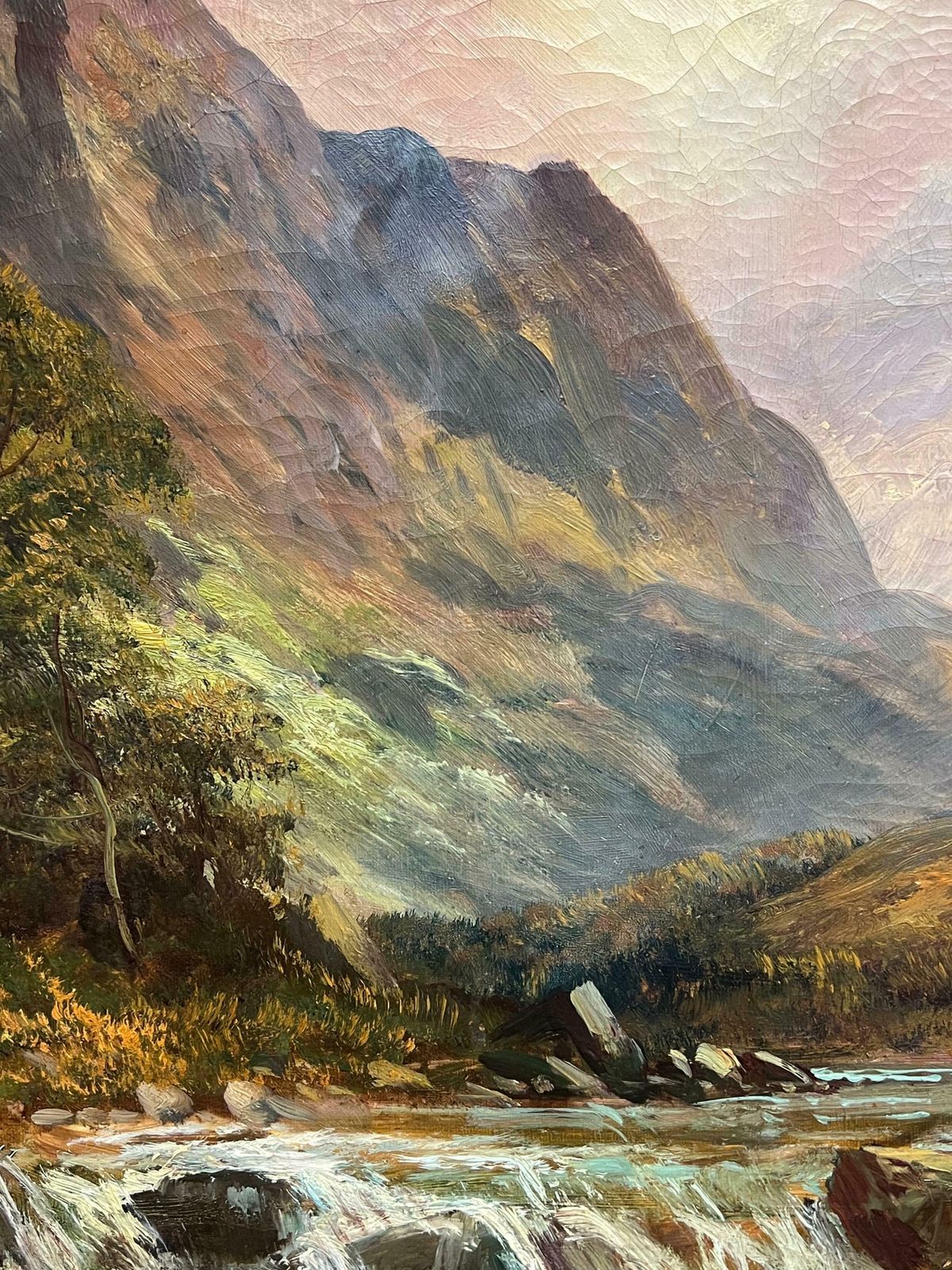 F. E. Jamiesonantique Scottish Oil Highland Waterfall With Distant Mountains Oil Painting 1920's photo 1700.0