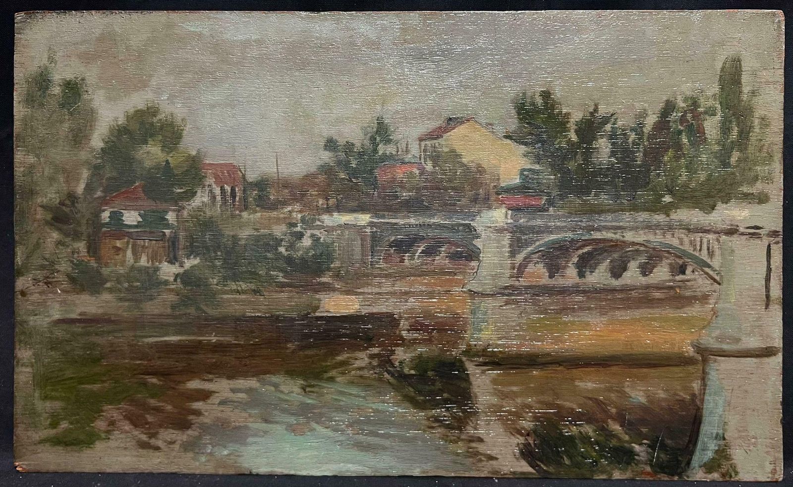 French Schoolantique French Impressionist Oil Grey Bridge Riverside Landscape Through Town1900's photo furniture