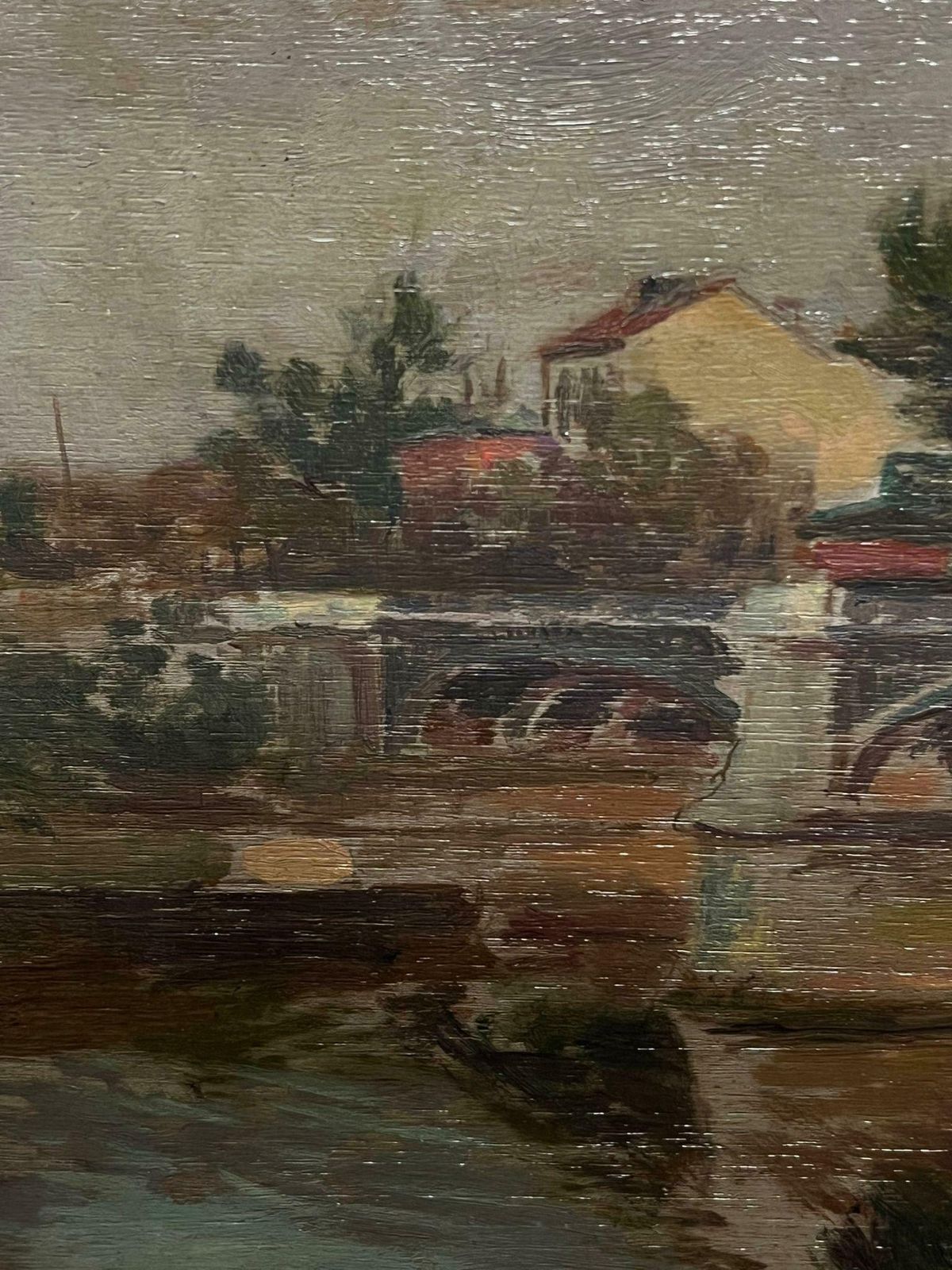 French Schoolantique French Impressionist Oil Grey Bridge Riverside Landscape Through Town1900's photo Art