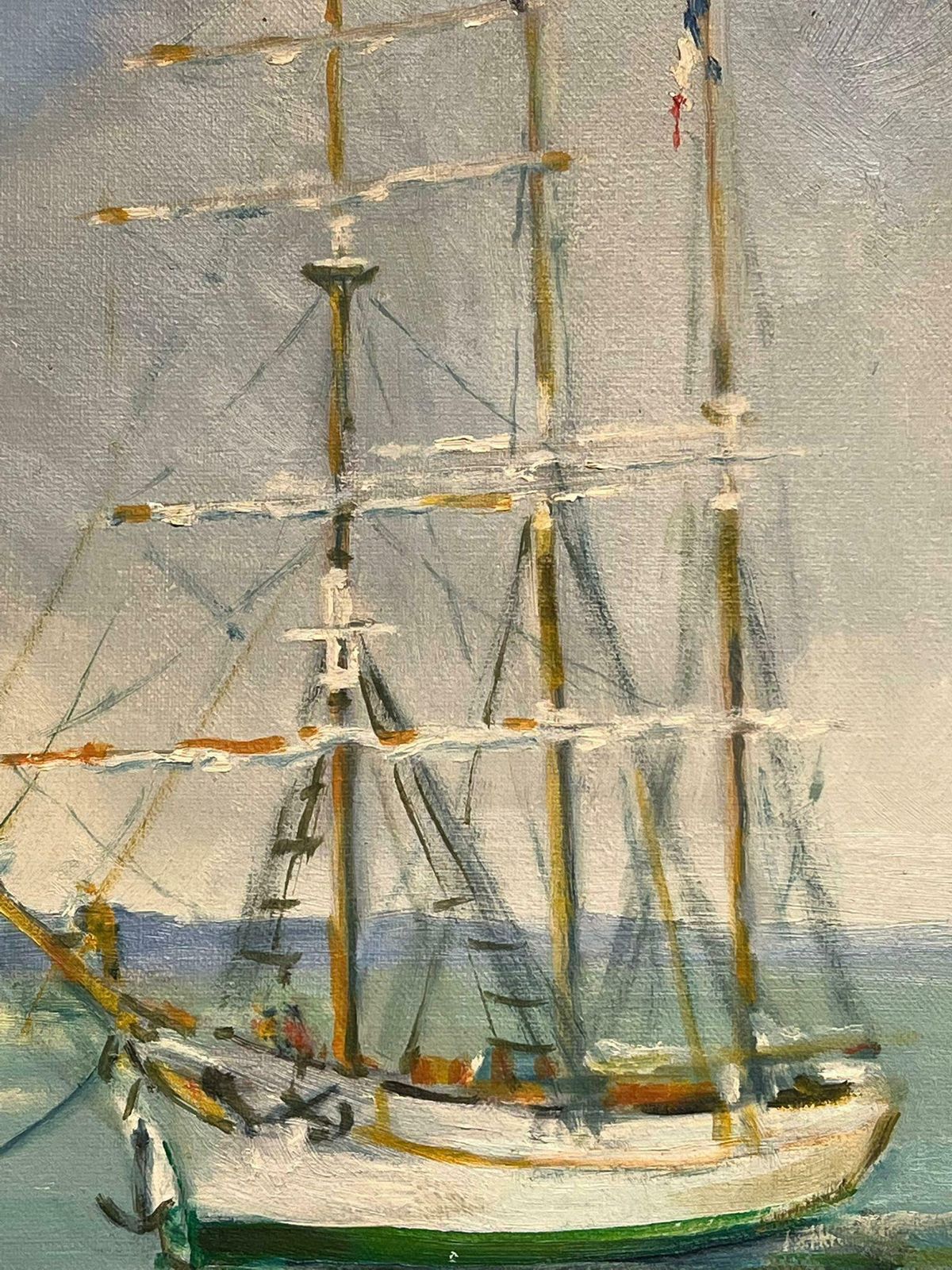 French School20th Century French Oil Blue Maritime Scene Of Steamship And Classic Yacht20th Century photo vinterior