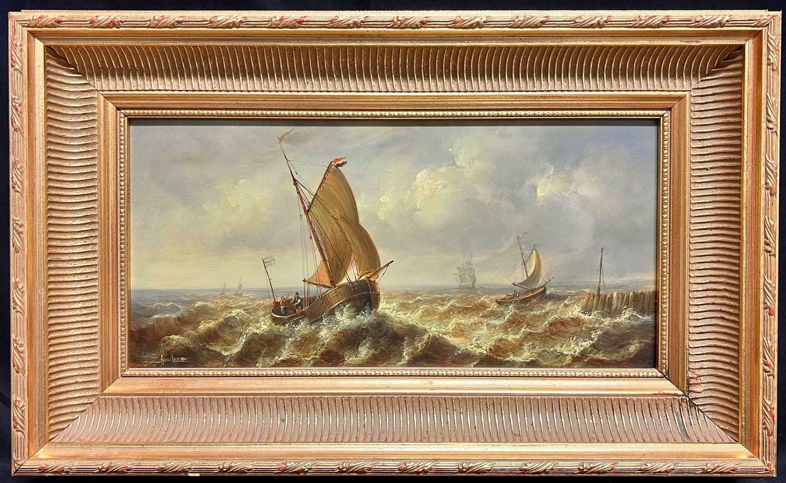Jean Laurent  Dutch Fishing Boats In A Swell Seascape With Sailing Ships In Rough Waters19th Century