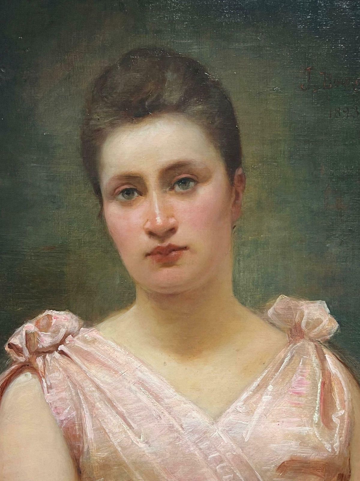 French School19th Century French Portrait Of A Lady In Pink Silk Gown Belle Epoque Period1893 photo for sale