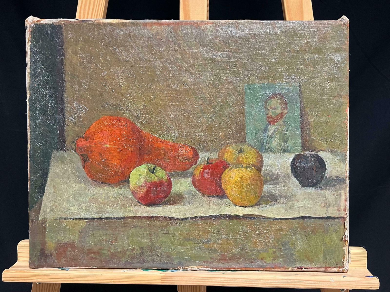 French School1930's French Post Impressionist Oil Still Life Fruit & Portrait Of Van Gogh1930's photo furniture