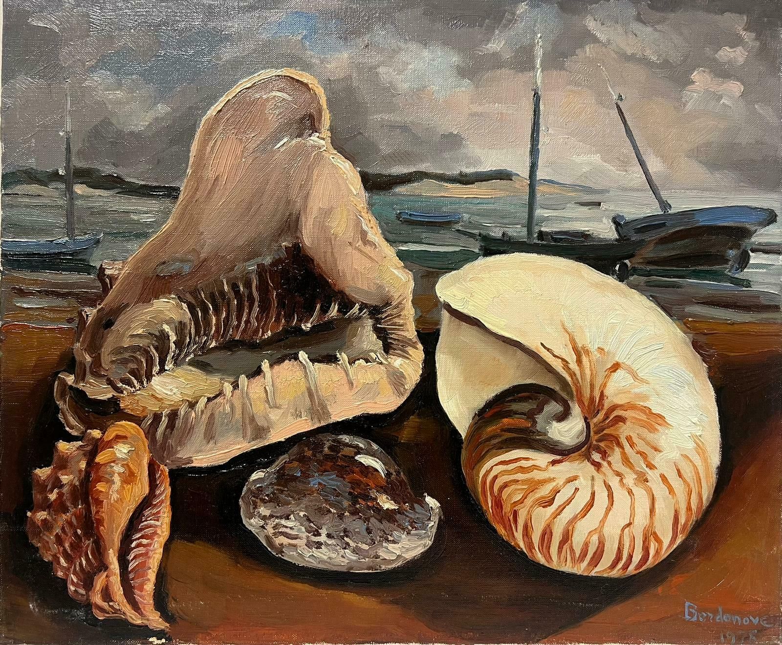 Georges Bordonove1970s French Signed Oil Painting Large Seashells Brittany Fishing Harbor Exhibit1978