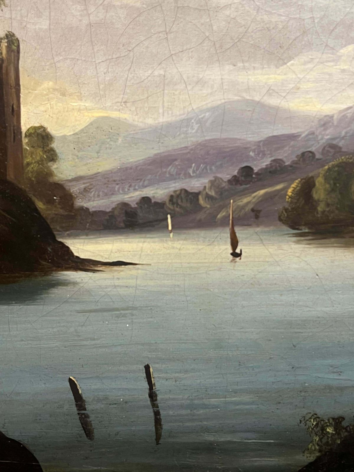 English Early Victorianlarge 1830's English Oil Painting Tranquil River Landscape With Old Mill19th Century photo vinterior