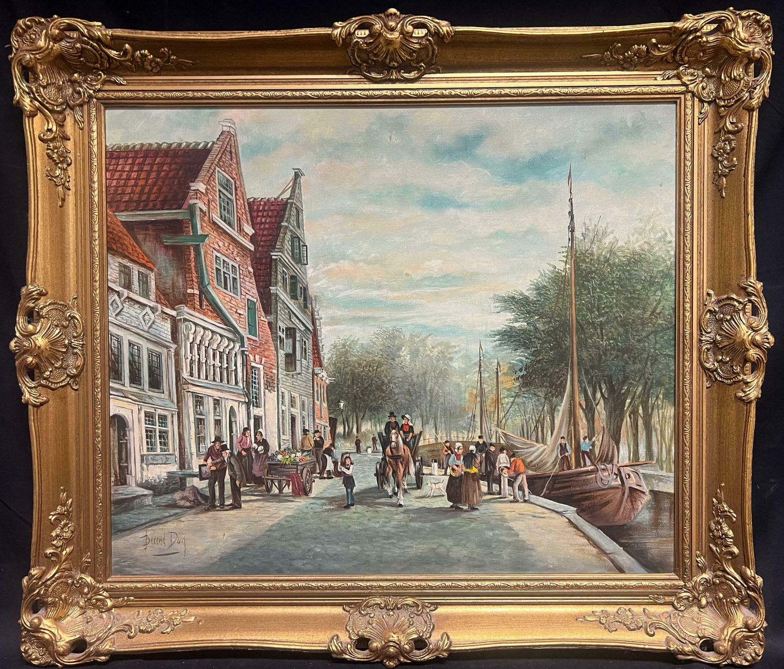 Dutch Schoolbusy Dutch Canal Market Scene Large Signed Oil Painting With Figures20th Century