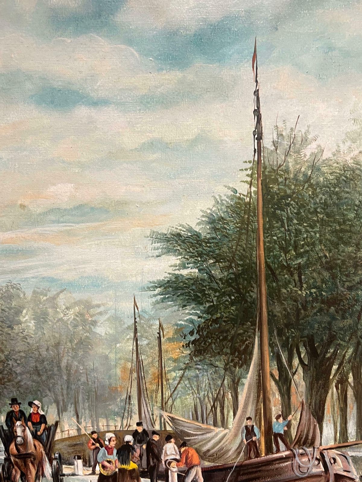 Dutch Schoolbusy Dutch Canal Market Scene Large Signed Oil Painting With Figures20th Century photo Art