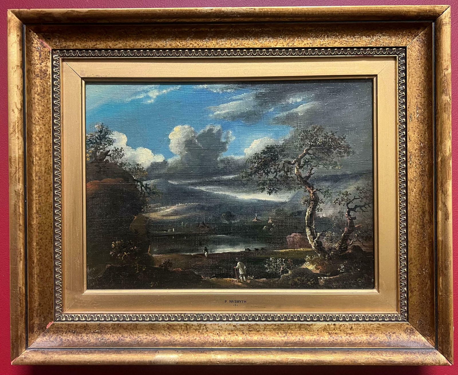 Early 1800's British Oil Painting Figures In Brooding Nocturnal Hilly Landscape 19th Century photo furniture