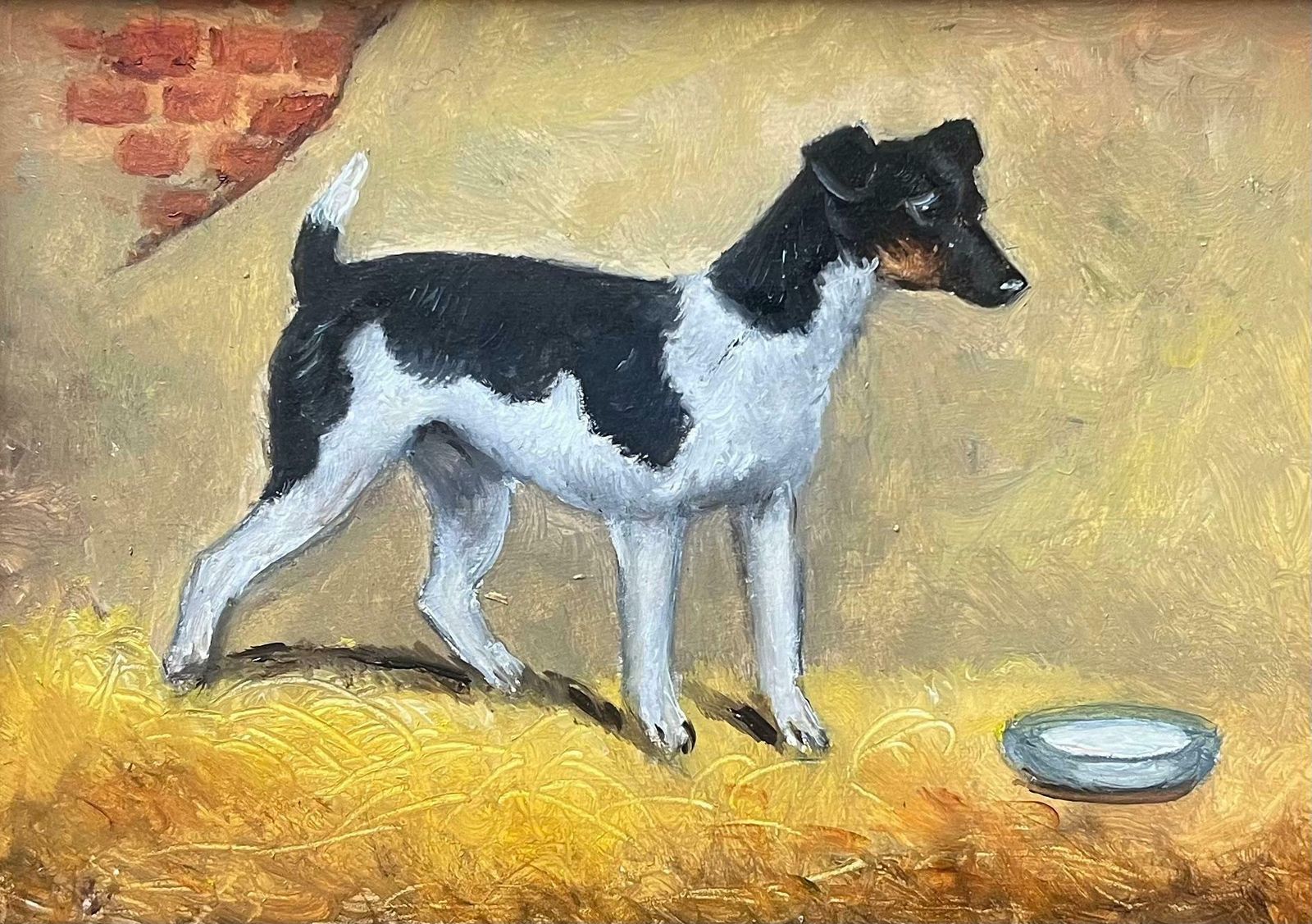 English Dog Paintervintage English Dog Oil Painting Jack Russell Terrier In Barn Interior photo for sale