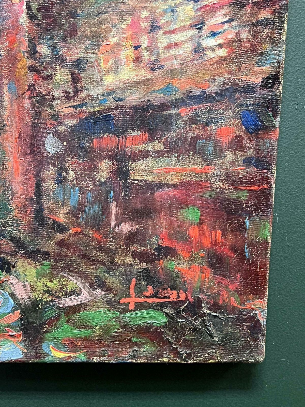 Fine C. 1900's French Impressionist Oil Painting Colorful Village Street Viewc. 1900's photo vinterior