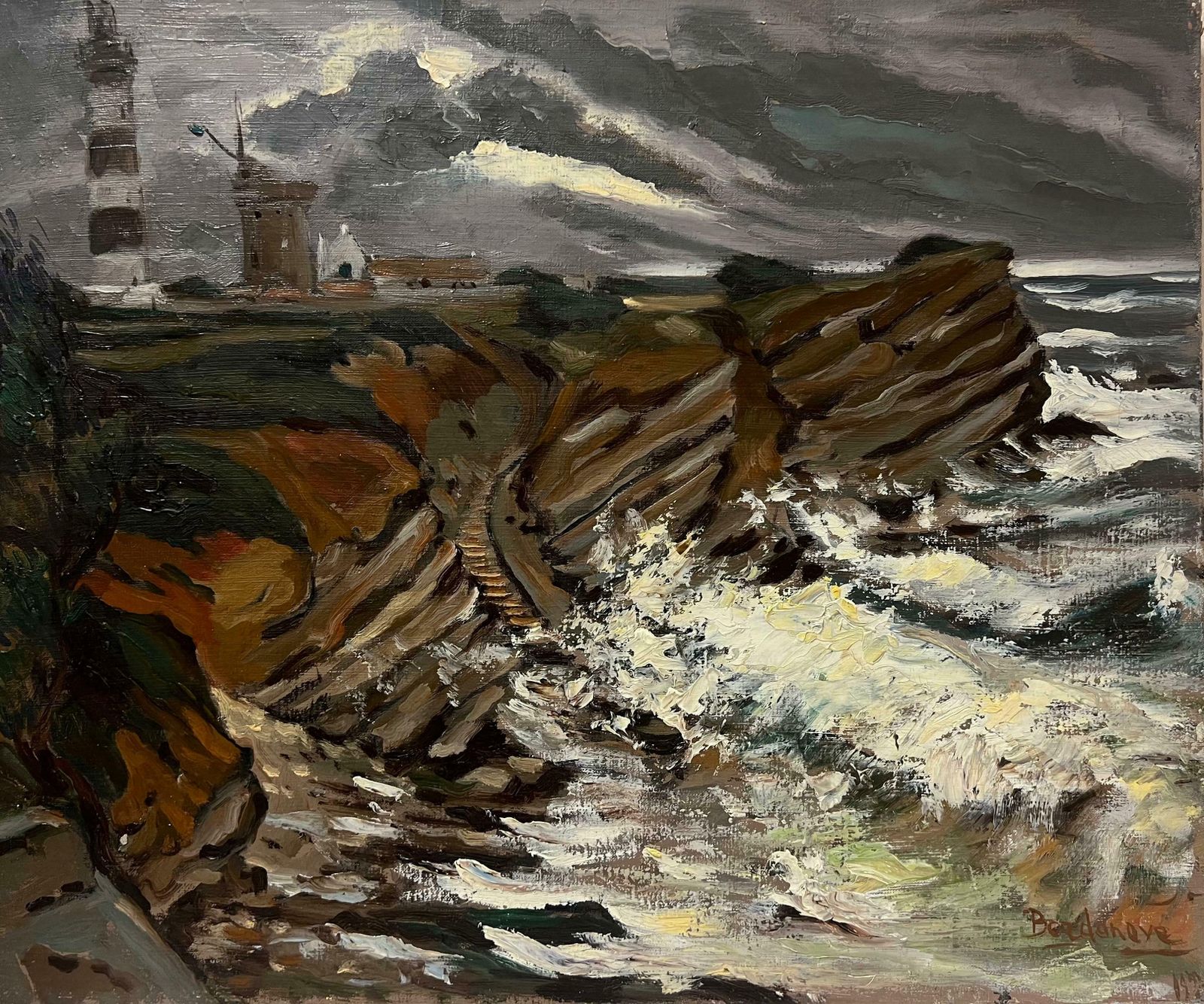 Georges Bordonovelarge French 1970's Impressionist Oil Painting Crashing Waves Lighthouse Coast1972