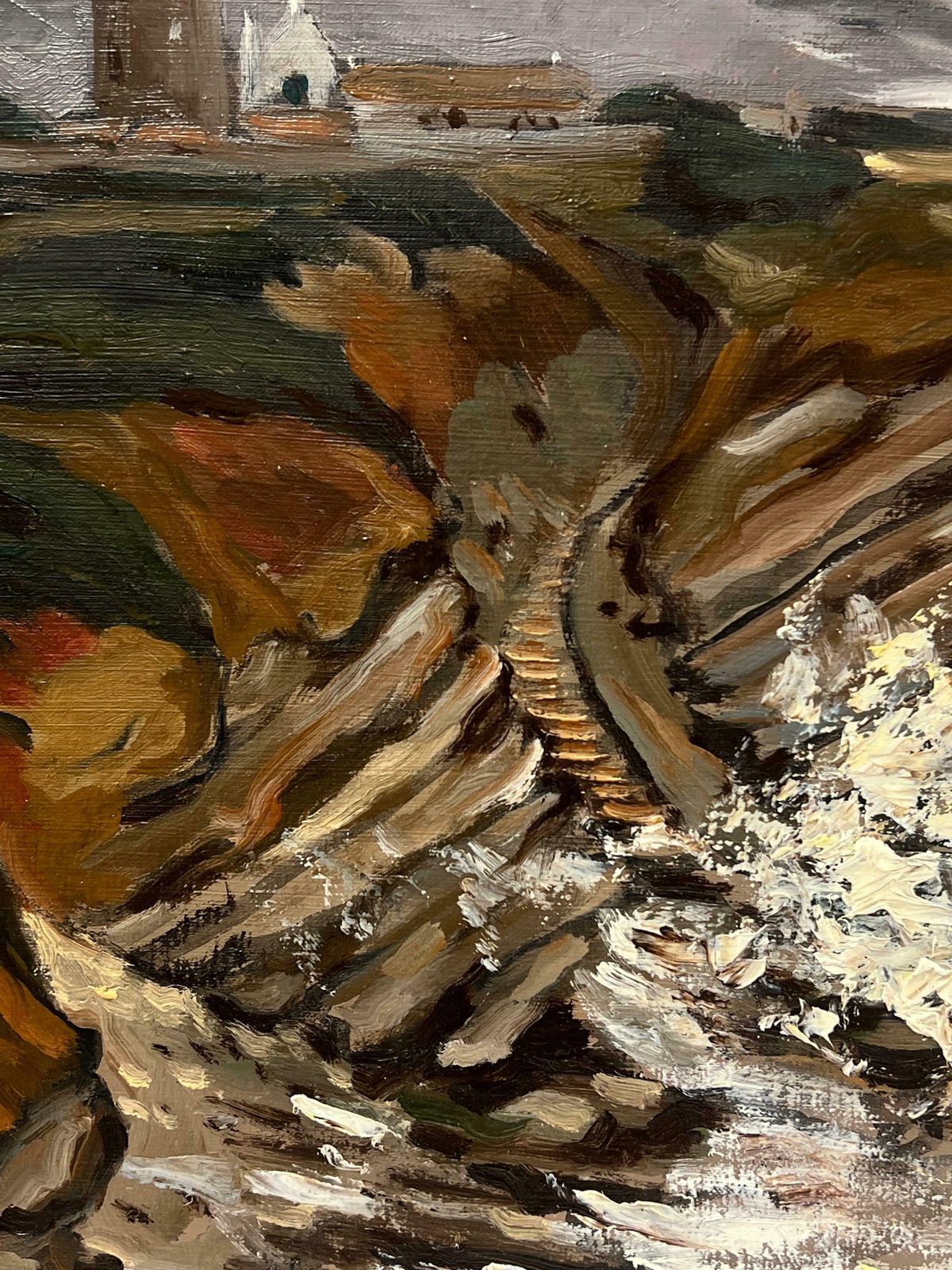 Georges Bordonovelarge French 1970's Impressionist Oil Painting Crashing Waves Lighthouse Coast1972 photo vinterior