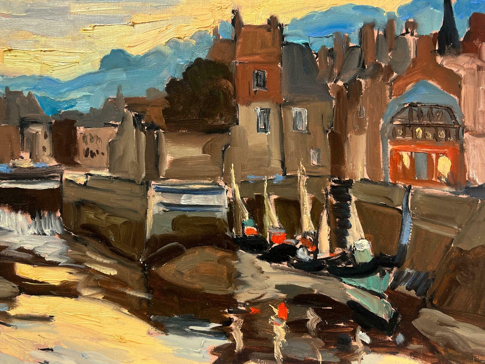 Georges Bordonovelarge French 1970's Oil Painting Honfleur Harbour At Sunset With Boats1970 photo for sale
