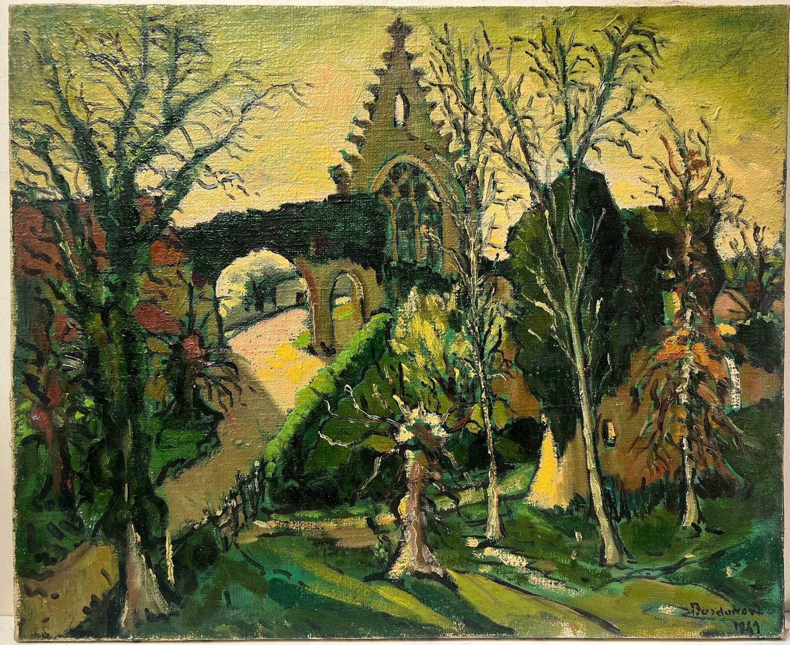 Georges Bordonovelarge French 1960's Oil Painting Old French Village With Ancient Buildings photo furniture