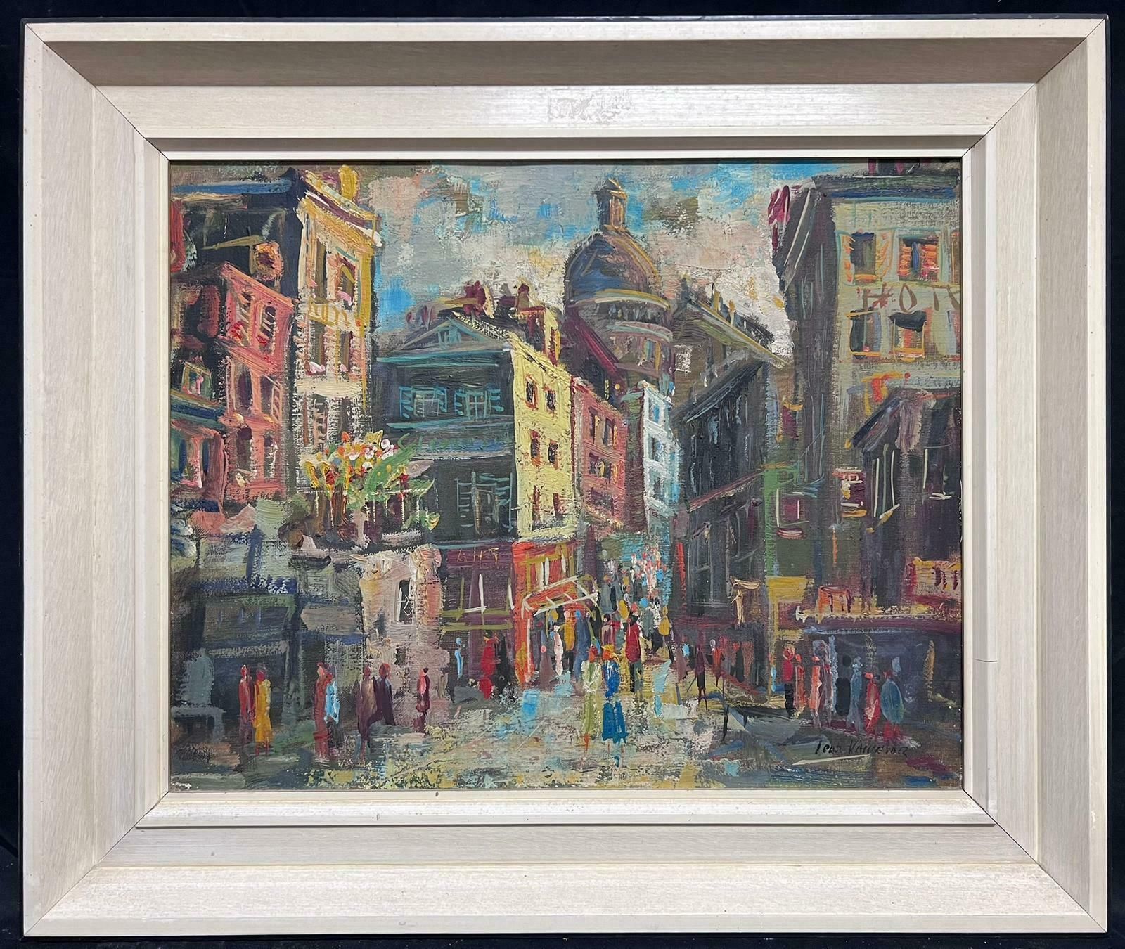 French School1960's Vibrant Paris Busy Street Scene Large Oil Painting In Modern Frame1960's
