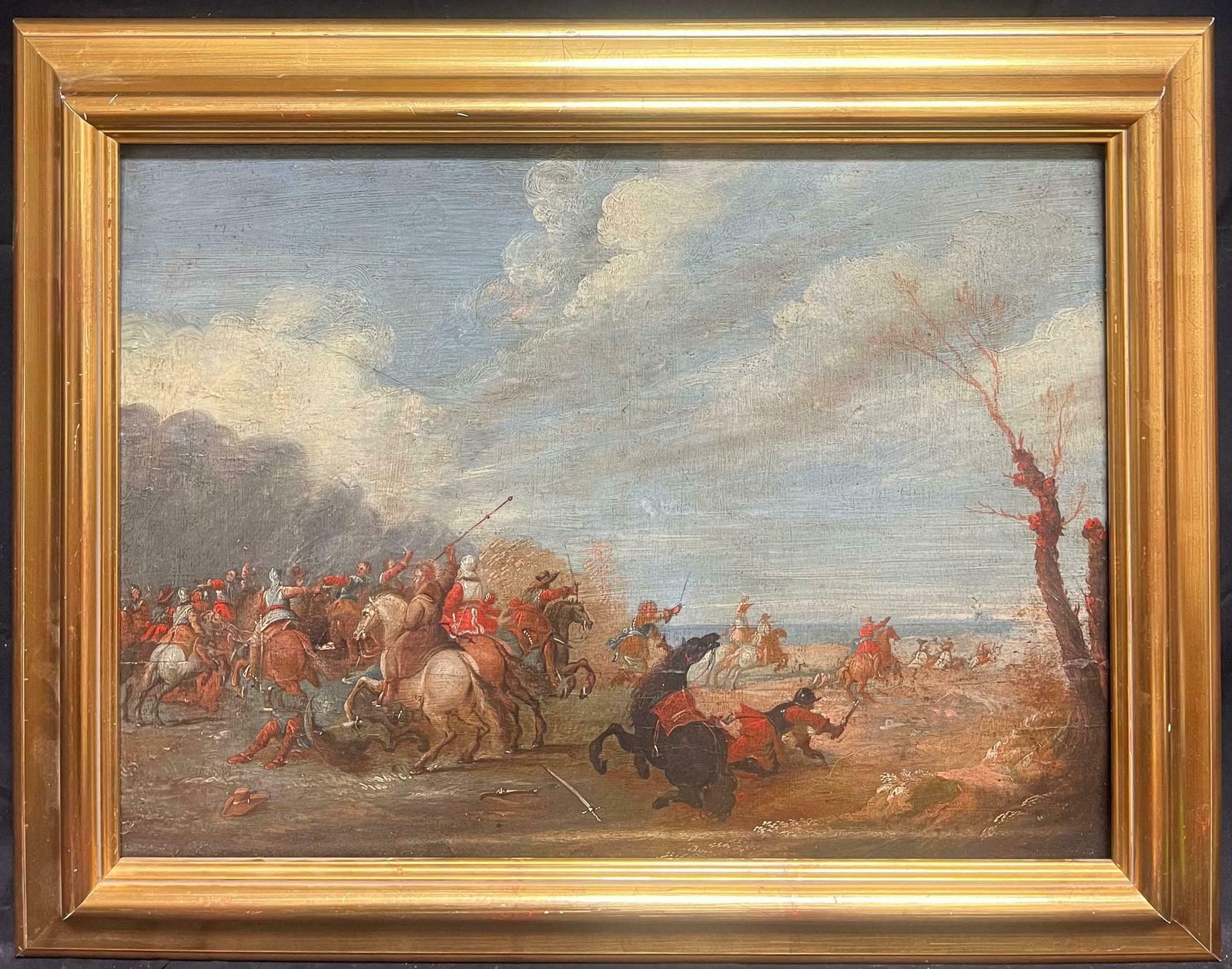 17th Century Flemish Old Master Oil On Panel Cavalry Skirmish Soldiers & Horses1650 photo for sale