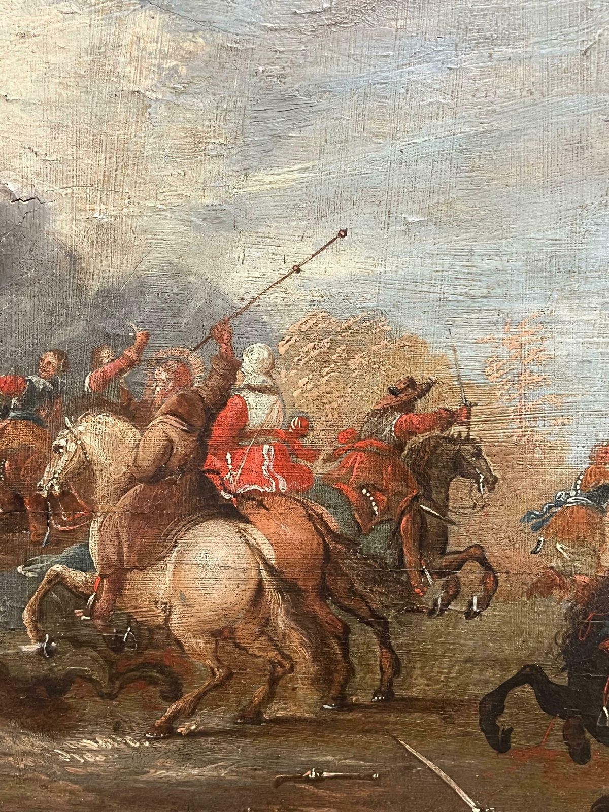 Art 17th Century Flemish Old Master Oil On Panel Cavalry Skirmish Soldiers & Horses1650 photo