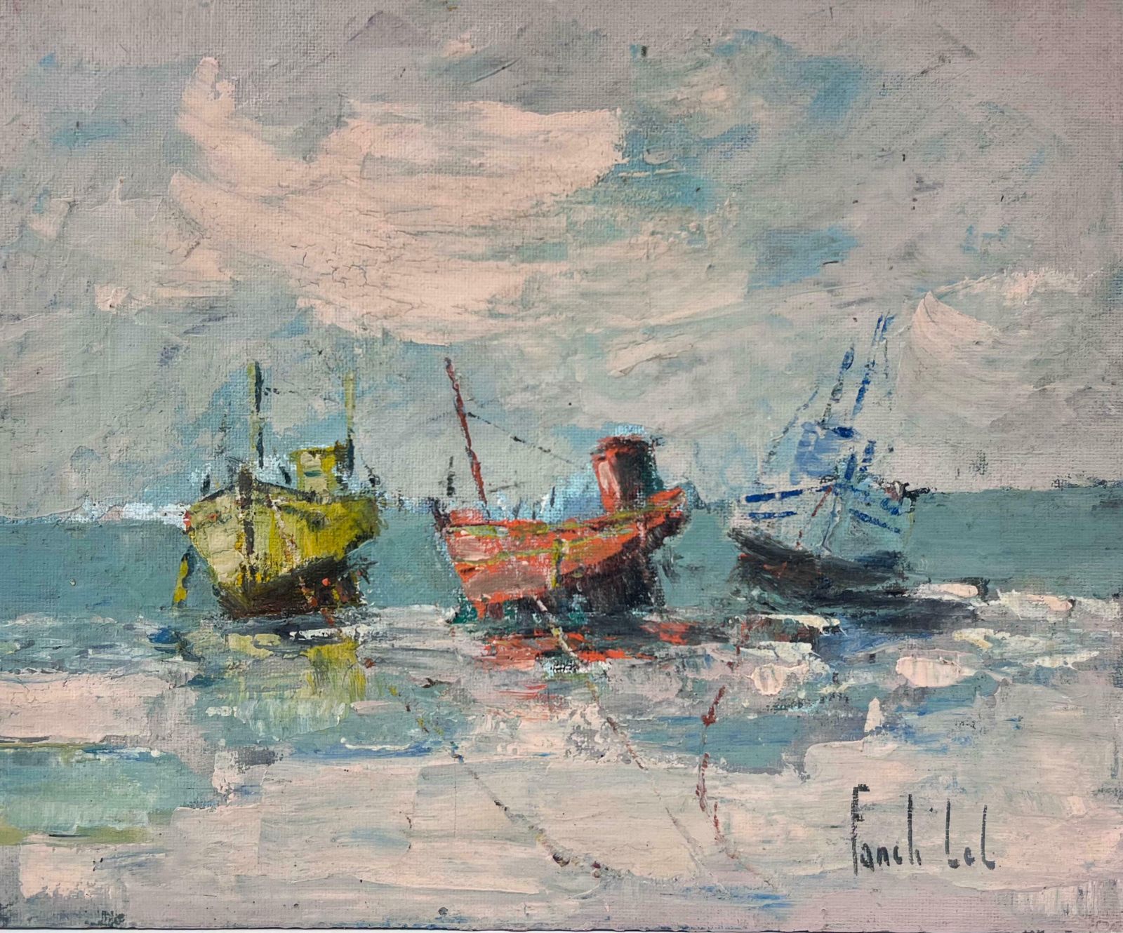 Fanch Leltrio Of Colorful Fishing Boats Floating On Tranquil Waters Under Clouded Sky20th Century