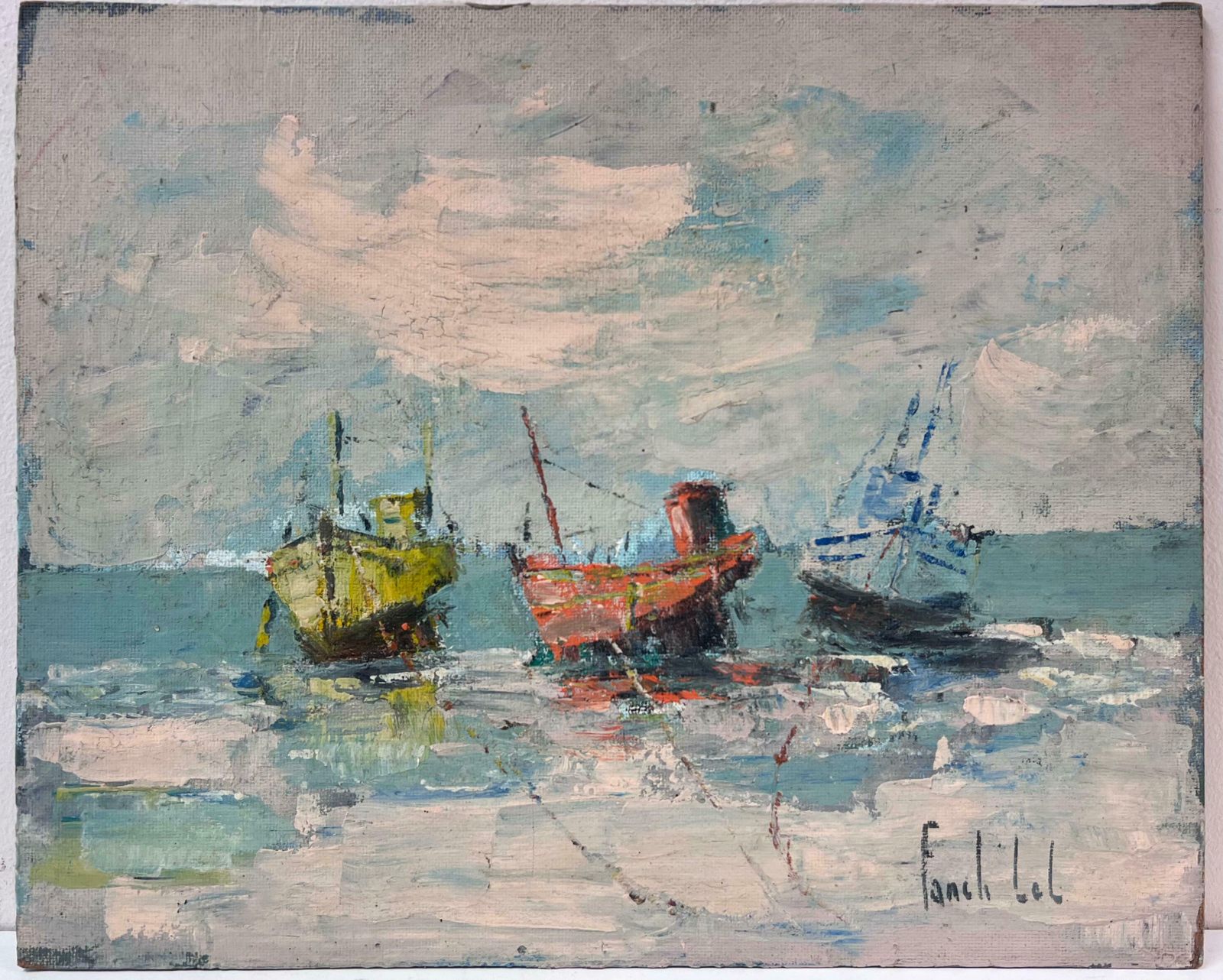Fanch Leltrio Of Colorful Fishing Boats Floating On Tranquil Waters Under Clouded Sky20th Century photo furniture