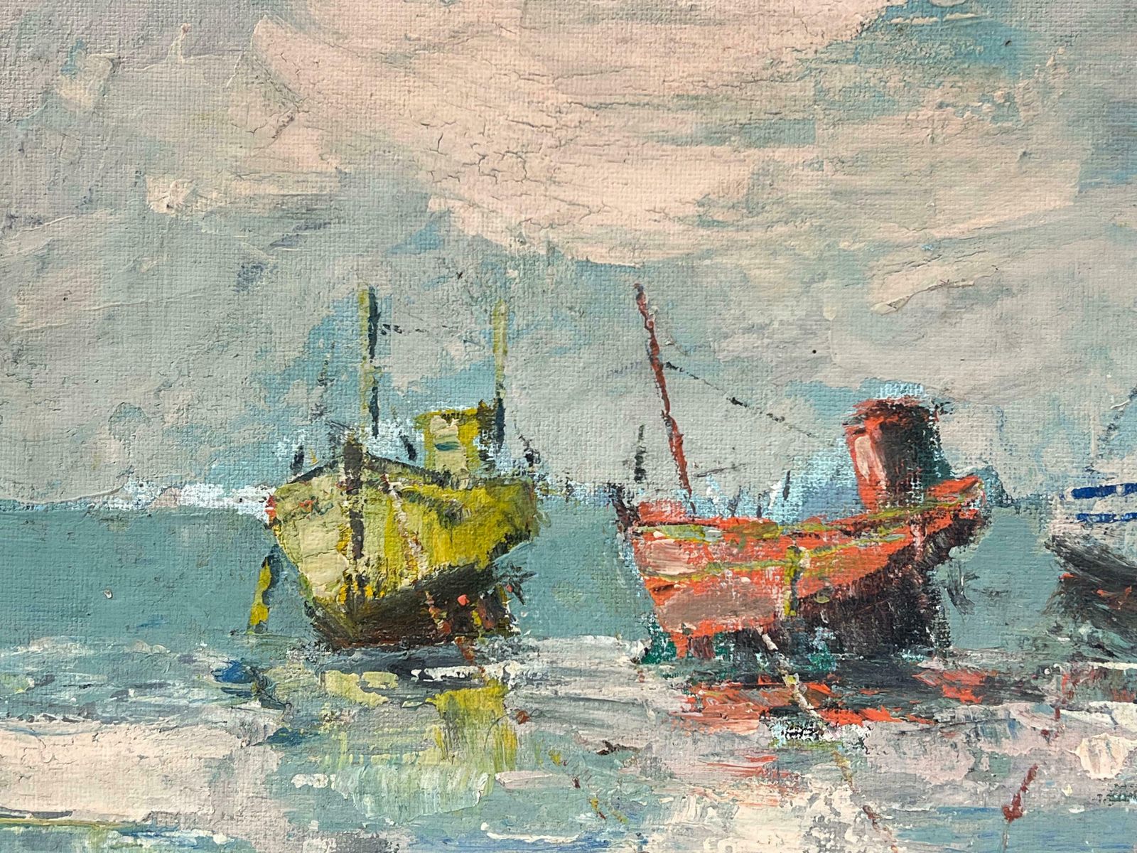 Fanch Leltrio Of Colorful Fishing Boats Floating On Tranquil Waters Under Clouded Sky20th Century photo 595.0