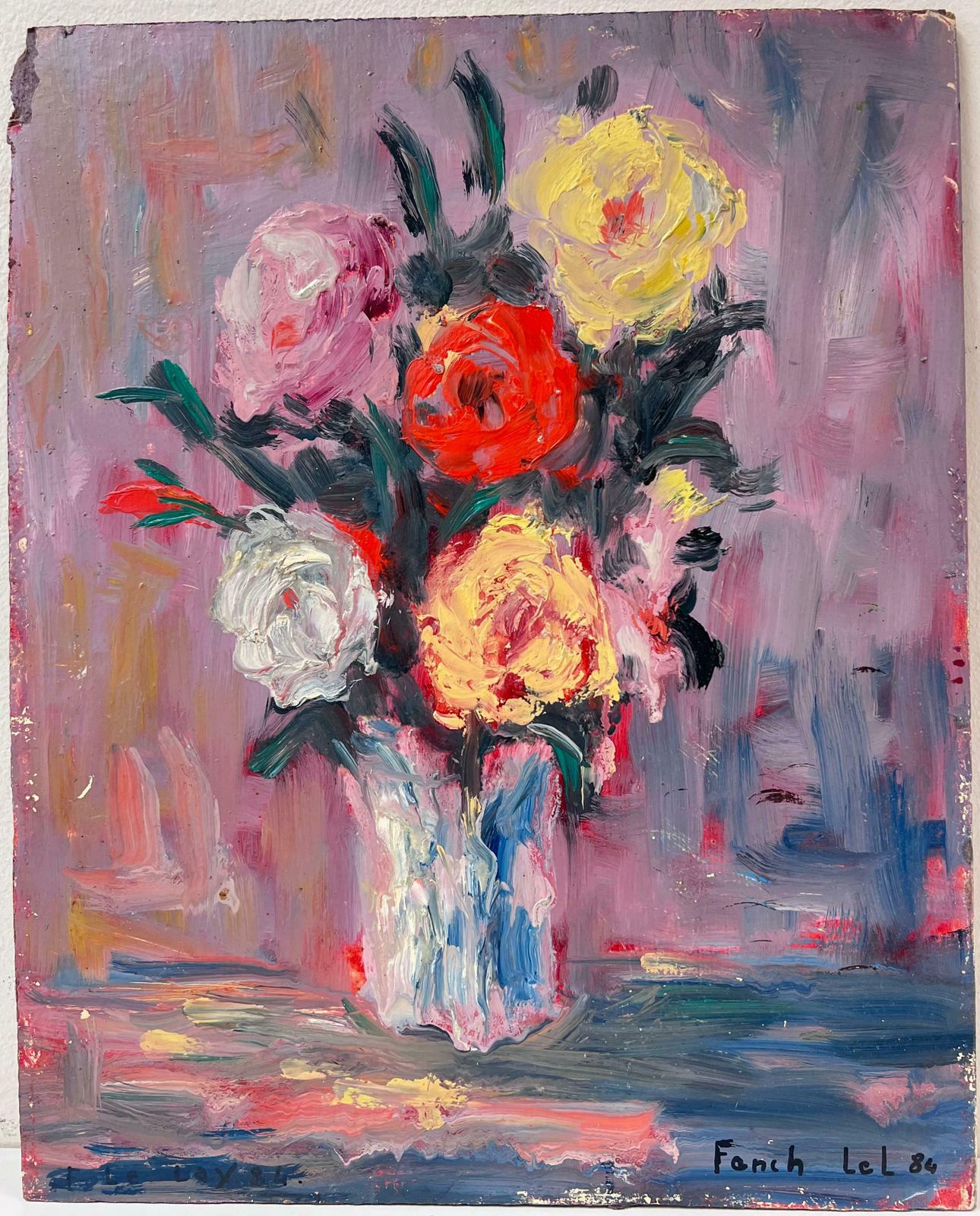 Fanch Lelcolourful Rose Bouquet In White Vase Original French Still Life Oil Painting 20th Century photo furniture