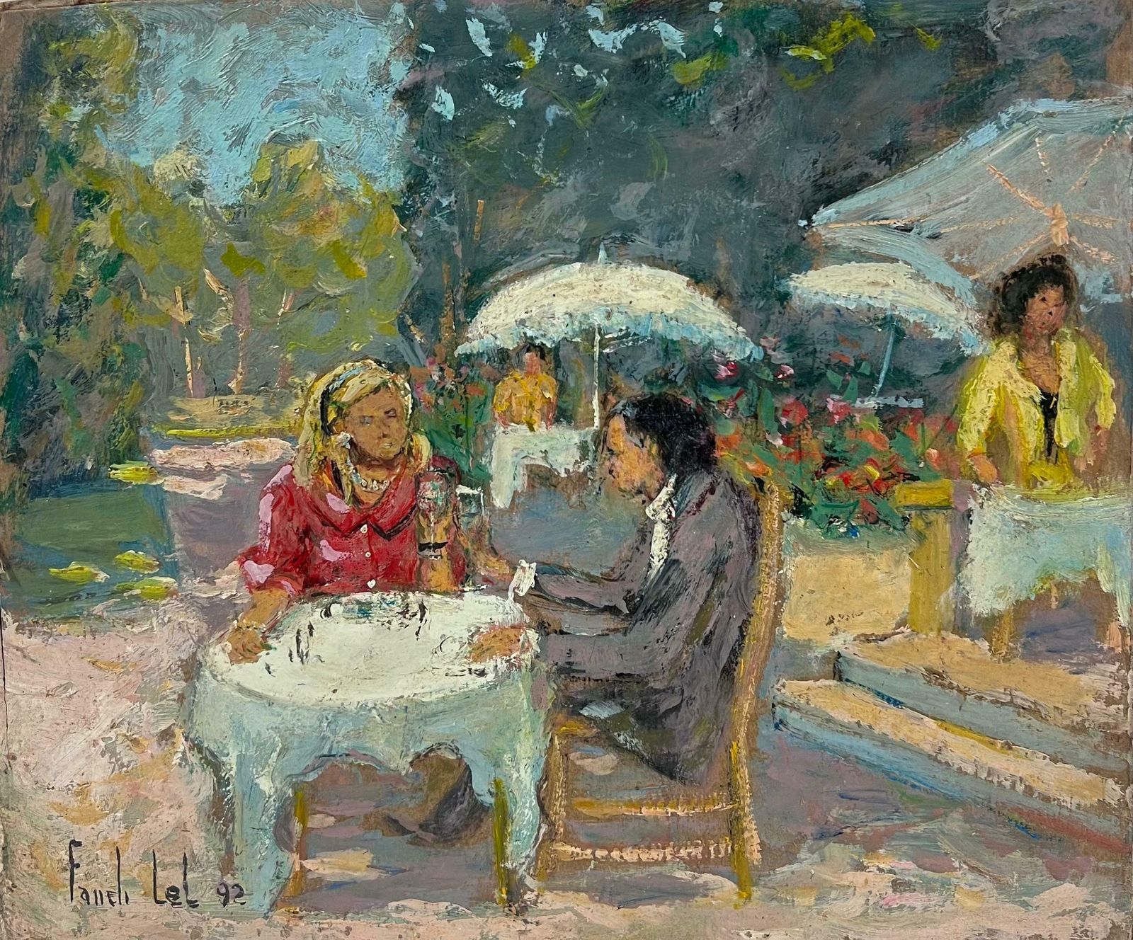 Fanch Lelelegant Couple In French Summers Day Garden Cafe Oil Painting20th Century photo furniture