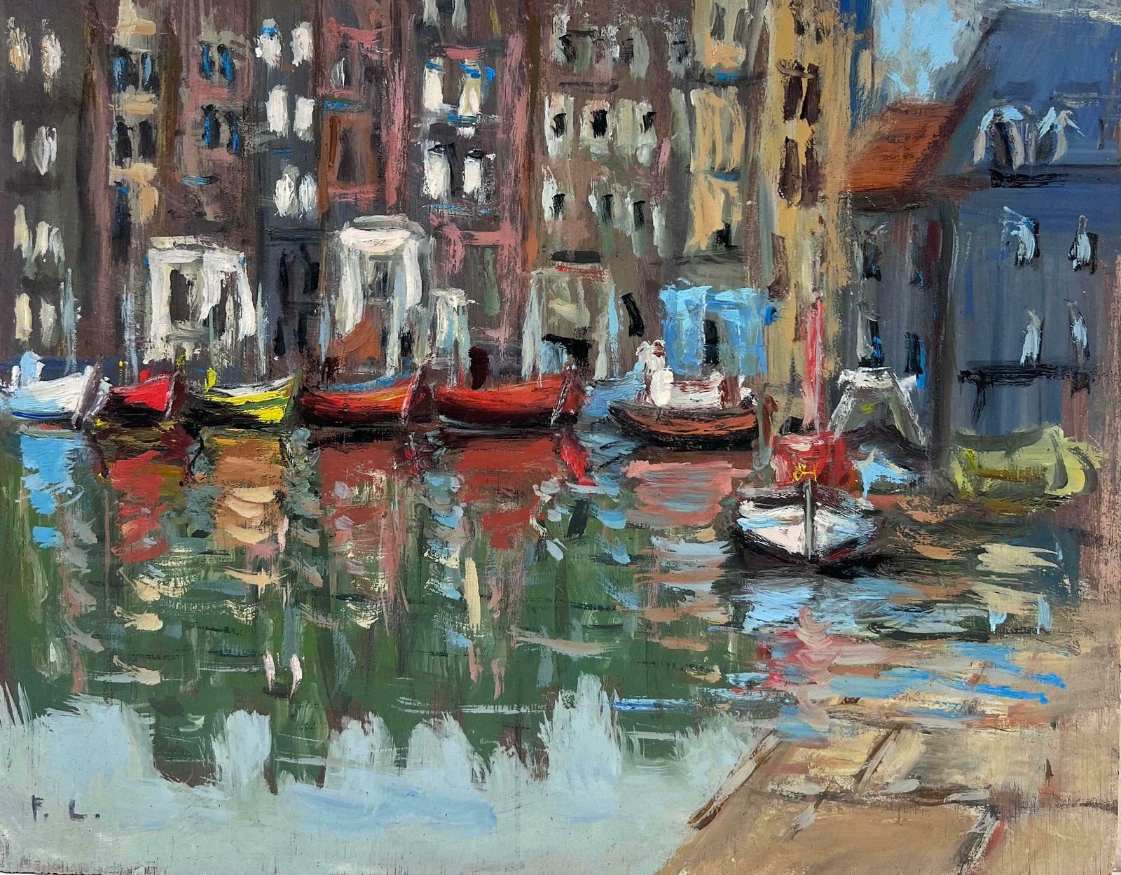 Fanch Lelvibrant Boat Waterfront Scene With Rustic Buildings And Glistening Water20th Century