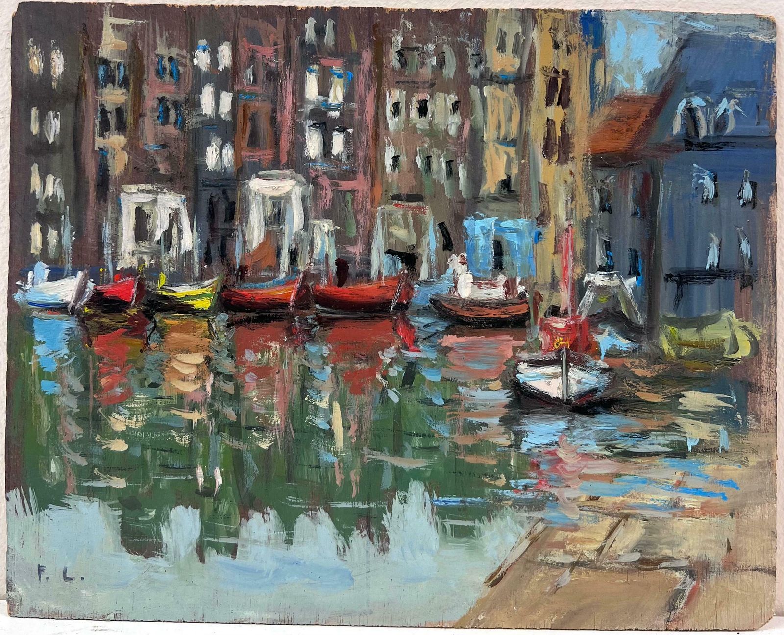 Fanch Lelvibrant Boat Waterfront Scene With Rustic Buildings And Glistening Water20th Century photo furniture