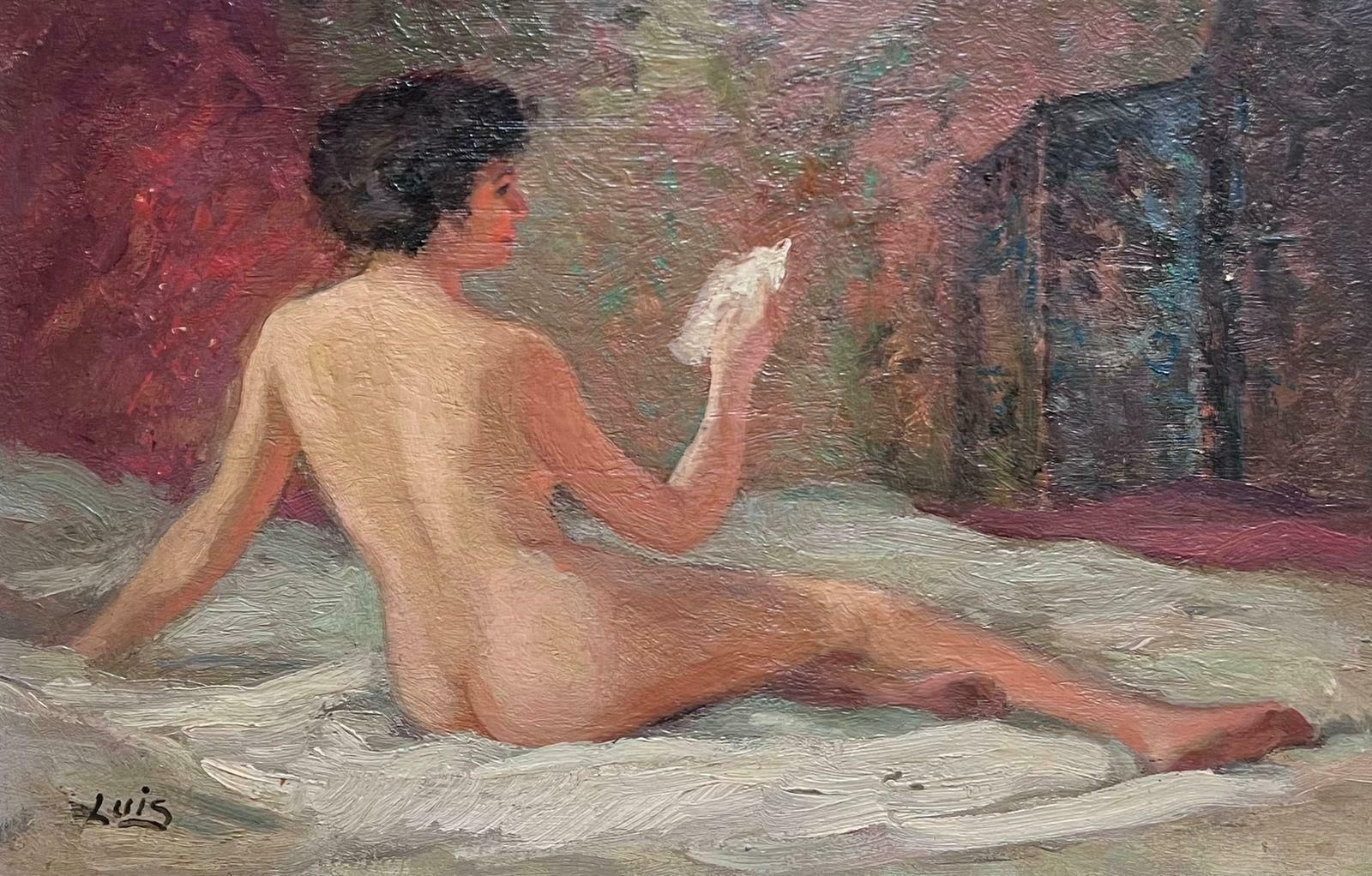 French Schoolmid Century French Oil Painting Nude Lady On Bed Reading, Signed & Framed