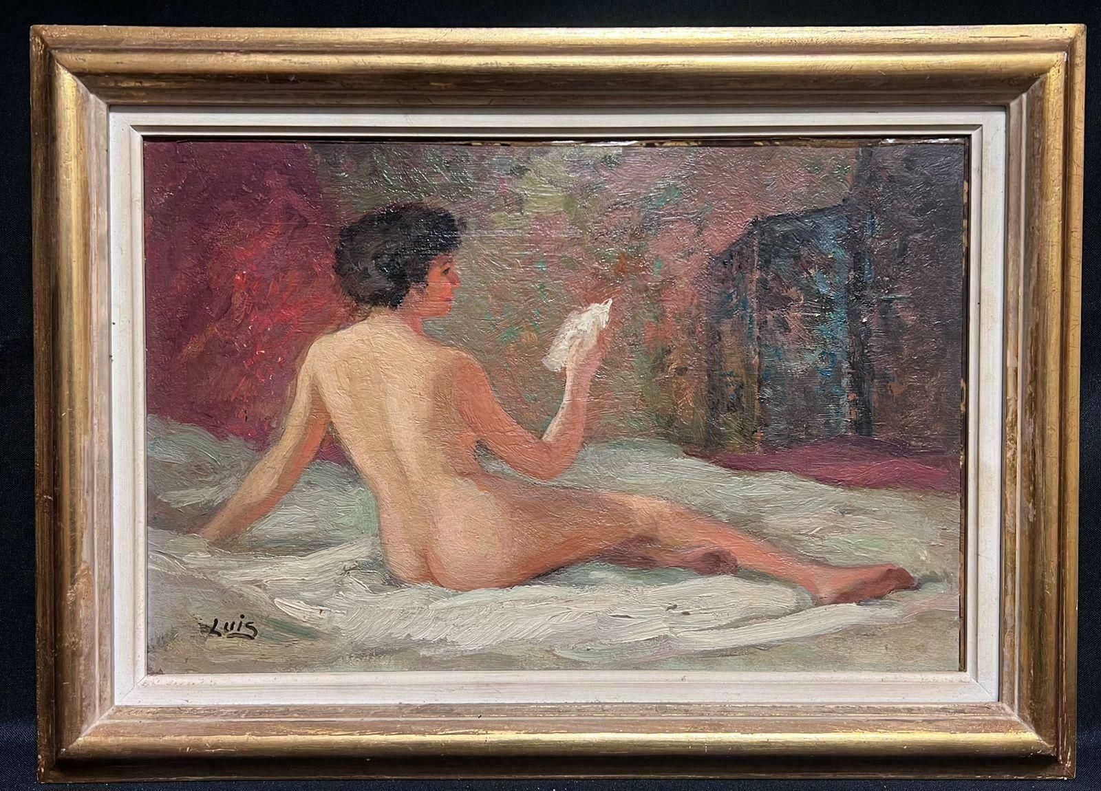 French Schoolmid Century French Oil Painting Nude Lady On Bed Reading, Signed & Framed photo furniture