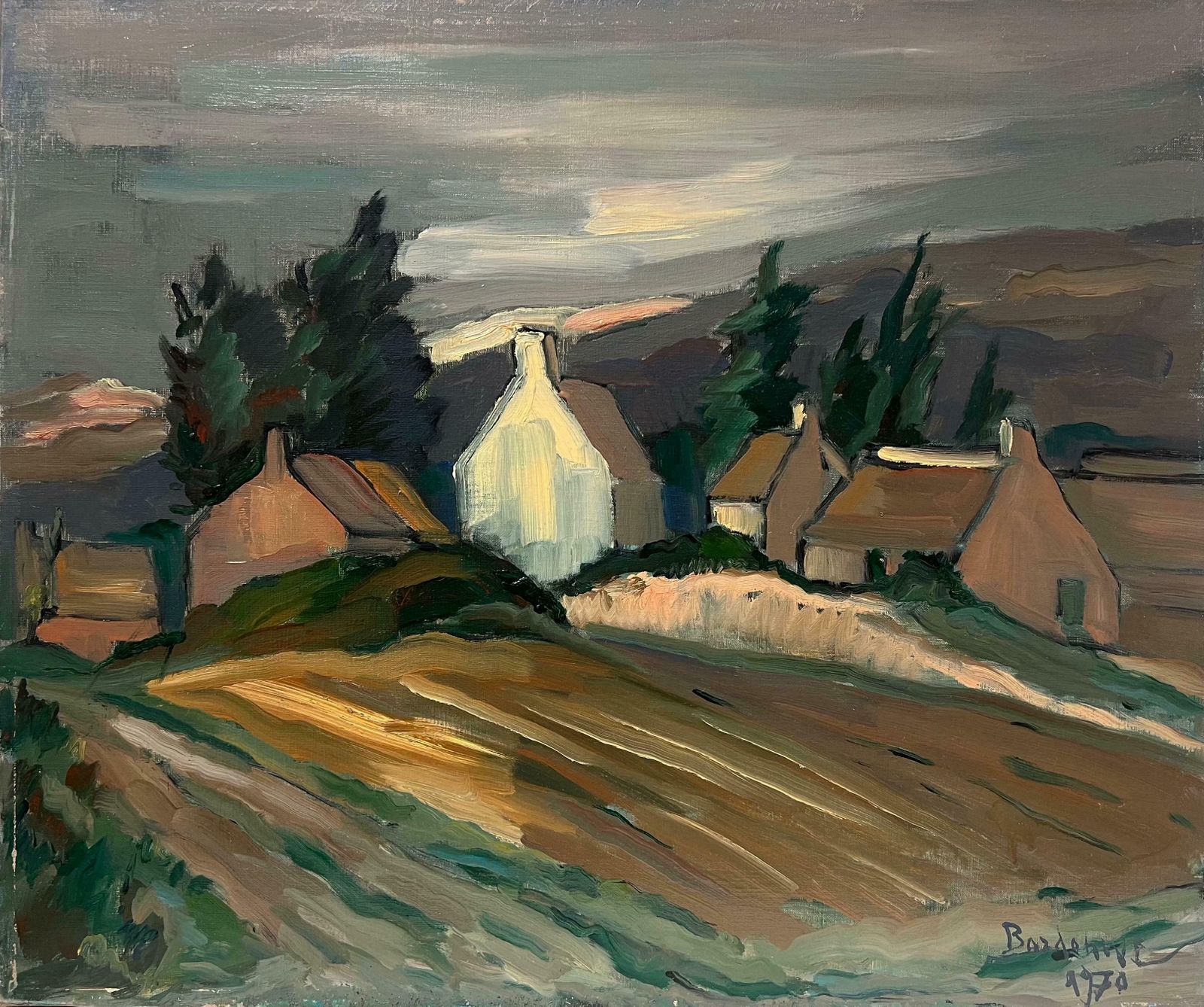Georges Bordonove1970's French Post Impressionist Signed Oil Painting Farm Houses Brown Landscape1970