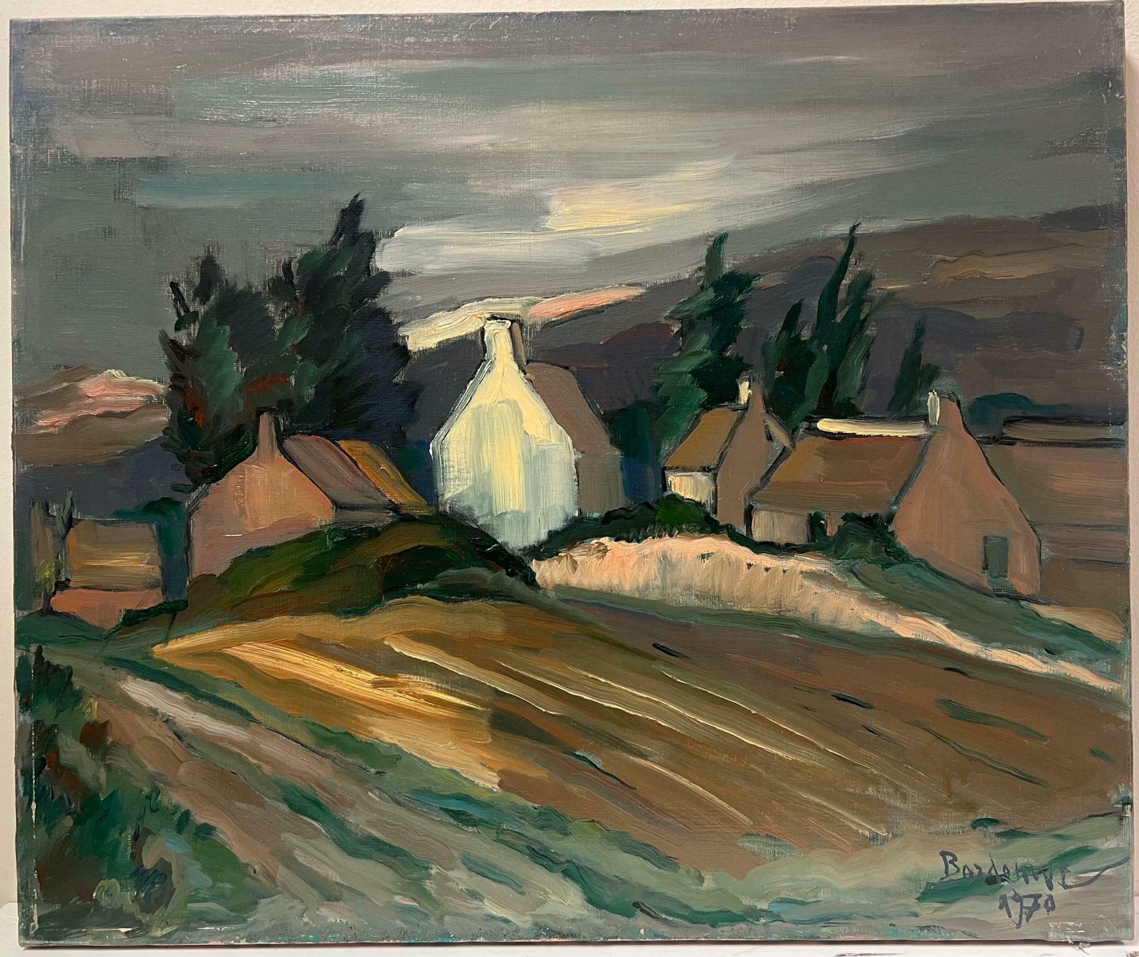 Georges Bordonove1970's French Post Impressionist Signed Oil Painting Farm Houses Brown Landscape1970 photo furniture