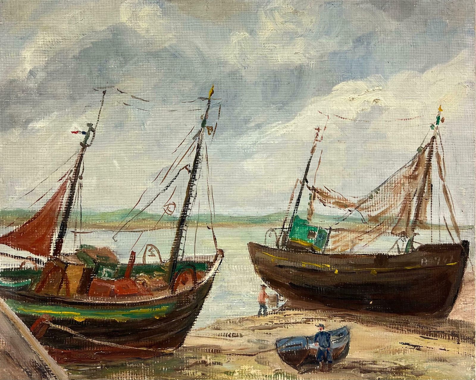 Simone Forgemid Century French Impressionist Ofishing Boats Moored On The Beach With Figures20th Century