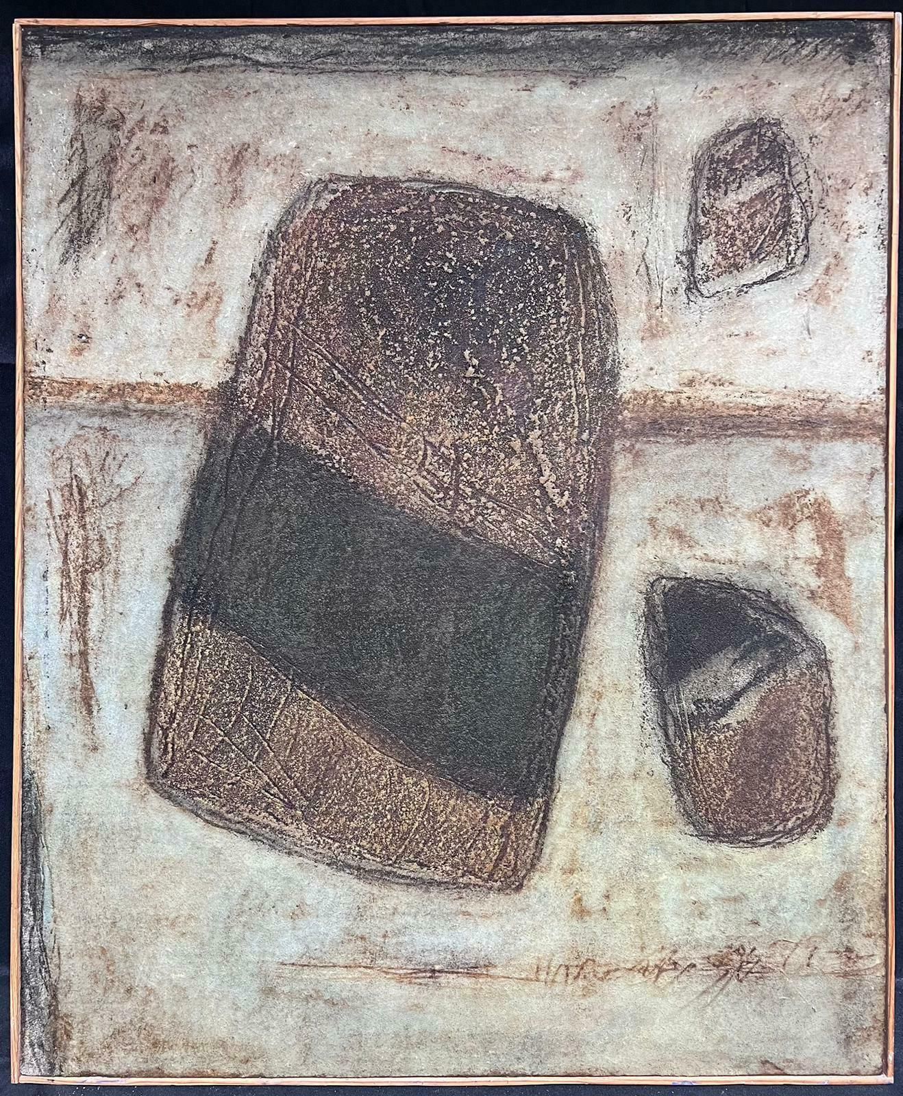French Schoollarge 1990's French Abstract Painting Grey Cream Brown Beige Colors1992