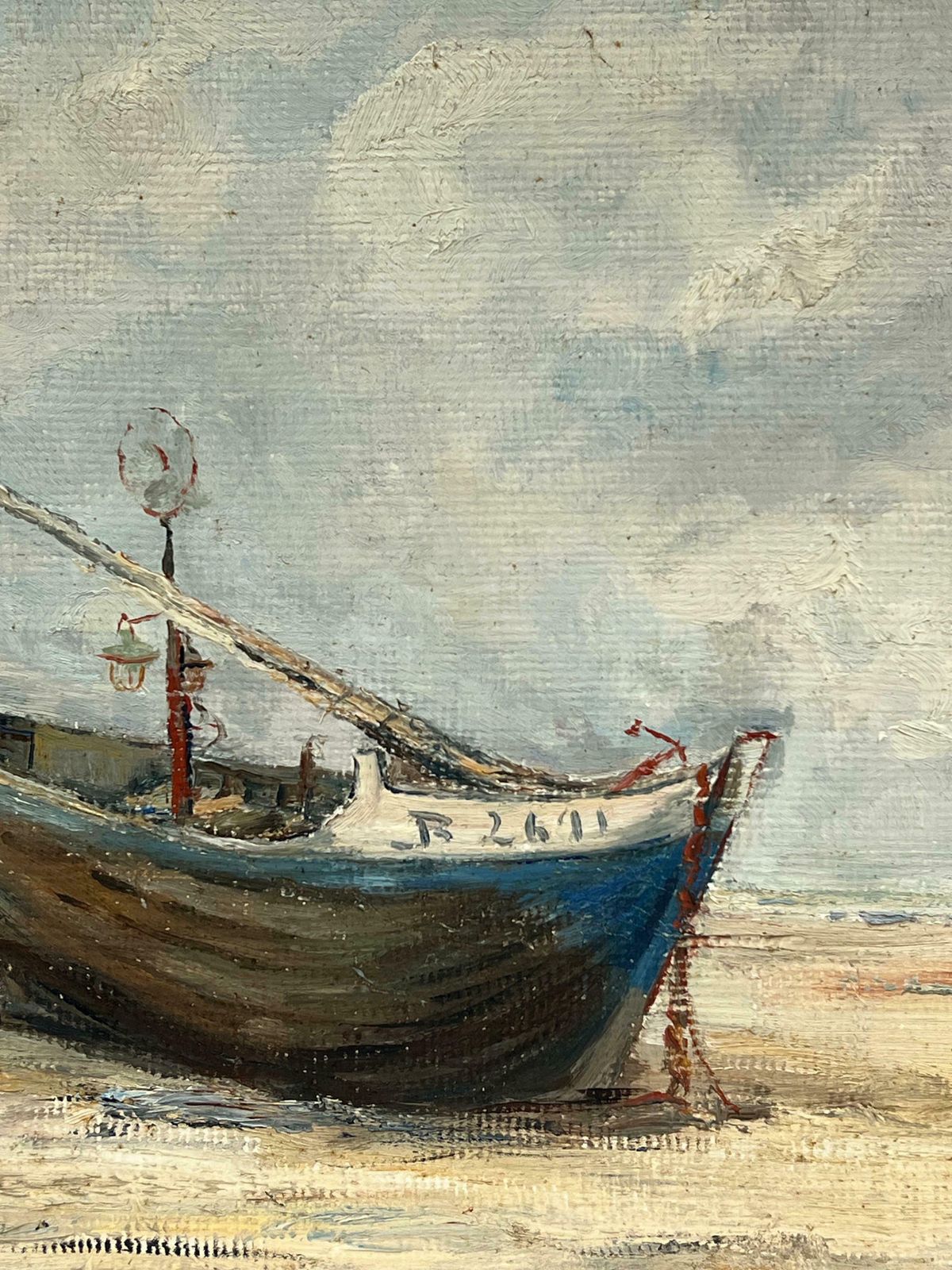 Simone Forge1930's French Impressionist Beached Blue Fishing Boat Under Cloudy Skies19th Century photo for sale