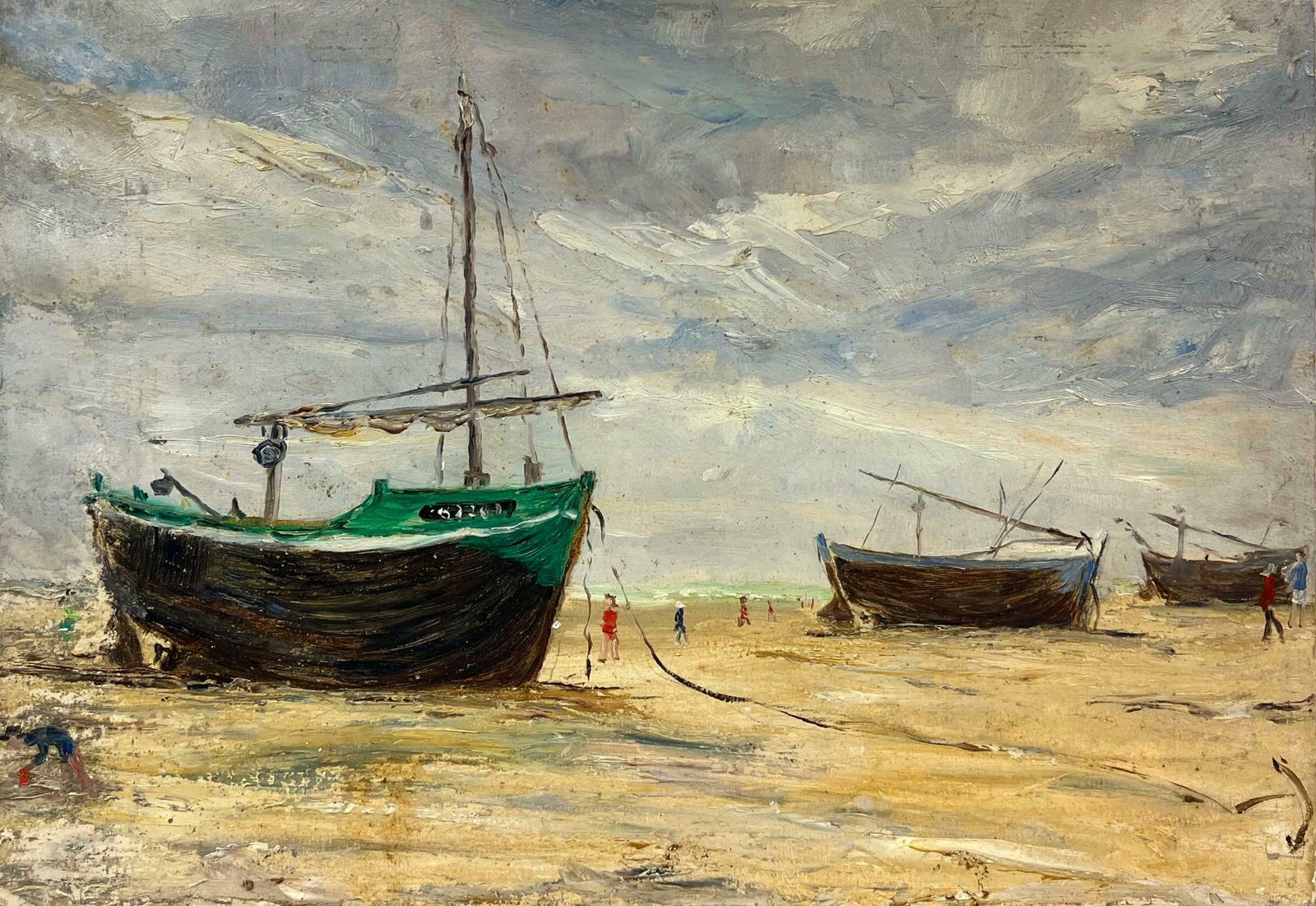 Simone Forge1930's French Impressionist Low Tide With Fishing Boats And Figures On The Shore19th Century